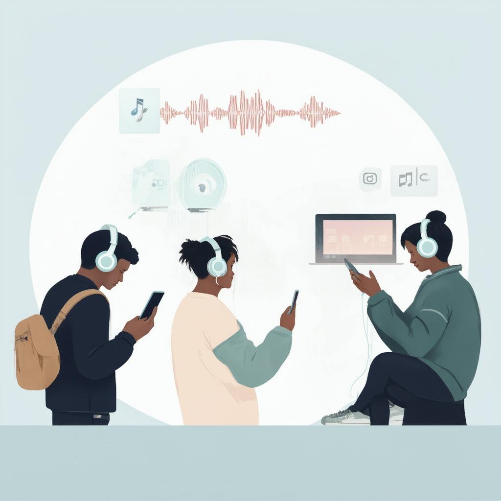 Three young adults wearing headphones engage with digital content on their smartphones, with icons of sound waves, music, and social media in the background—illustrating the reach and engagement of digital audio advertising solutions.