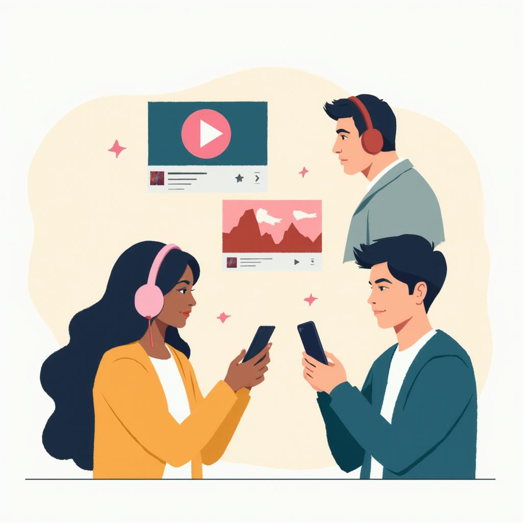 Group of diverse individuals using smartphones with headphones, interacting with music and video content overlays—representing collaborative and immersive digital audio advertising solutions.