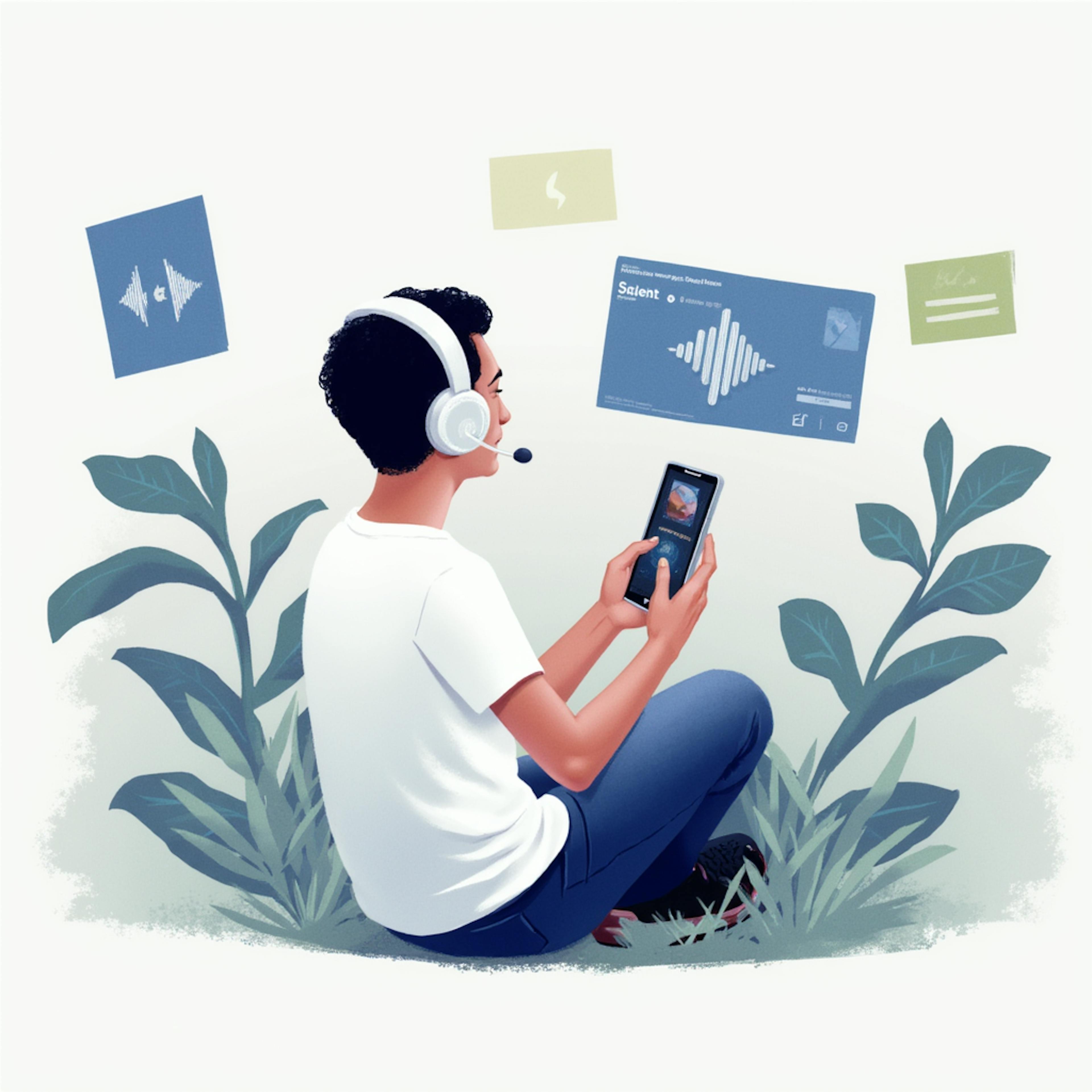 A person sitting on grass with headphones and a microphone, viewing audio content on a smartphone, surrounded by floating sound wave icons—symbolizing personalized digital audio advertising solutions in a natural setting.