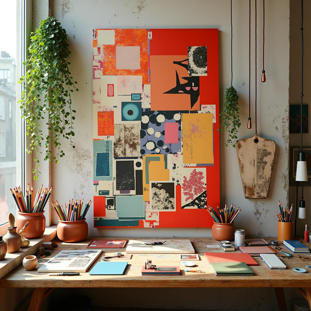 A creative workspace highlighting a large custom art design collage filled with vibrant colors and abstract patterns, surrounded by sketchbooks, art supplies, and hanging plants.