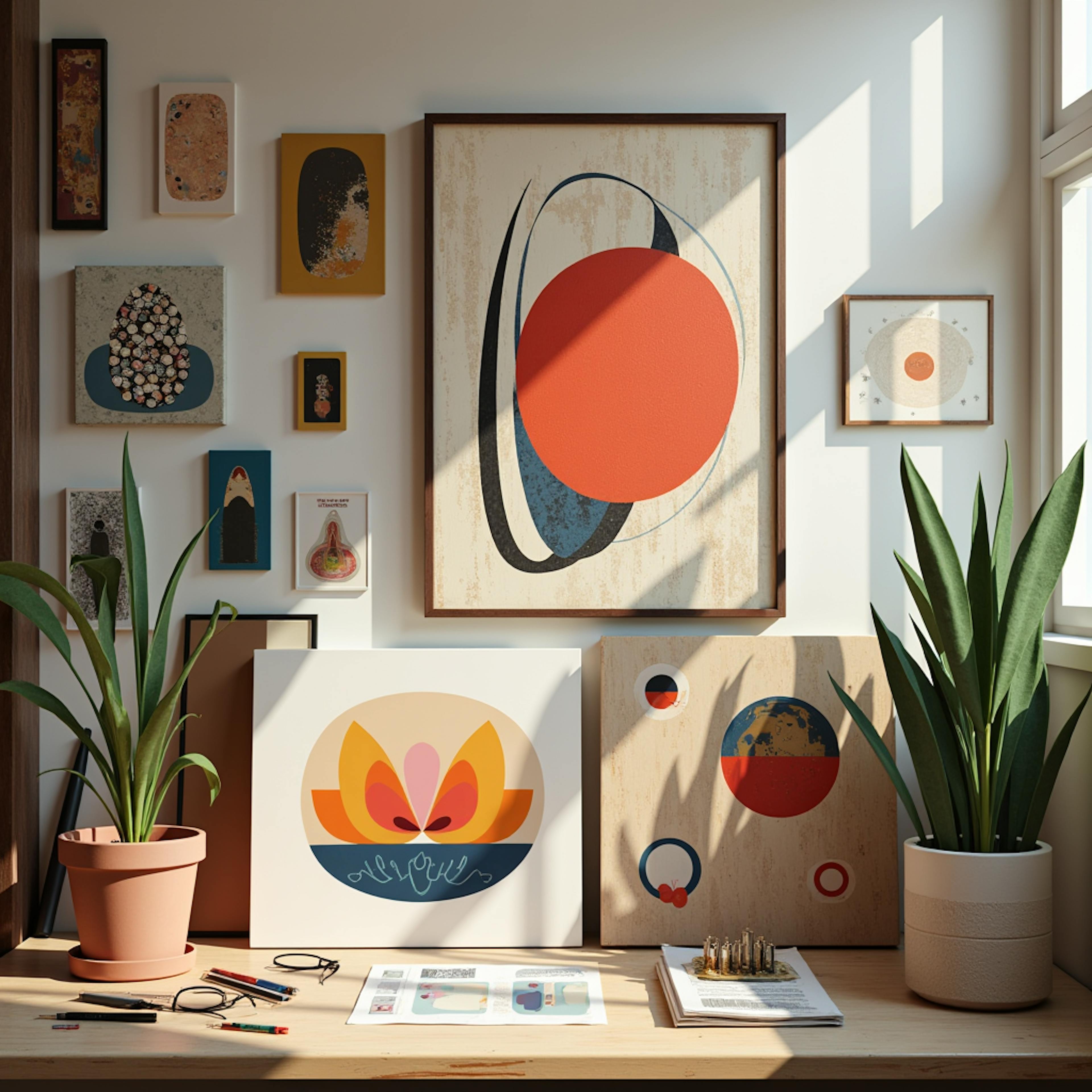 A vibrant workspace showcasing custom art design pieces, including abstract geometric shapes and colorful canvas art, complemented by indoor plants and a bright sunlit environment.