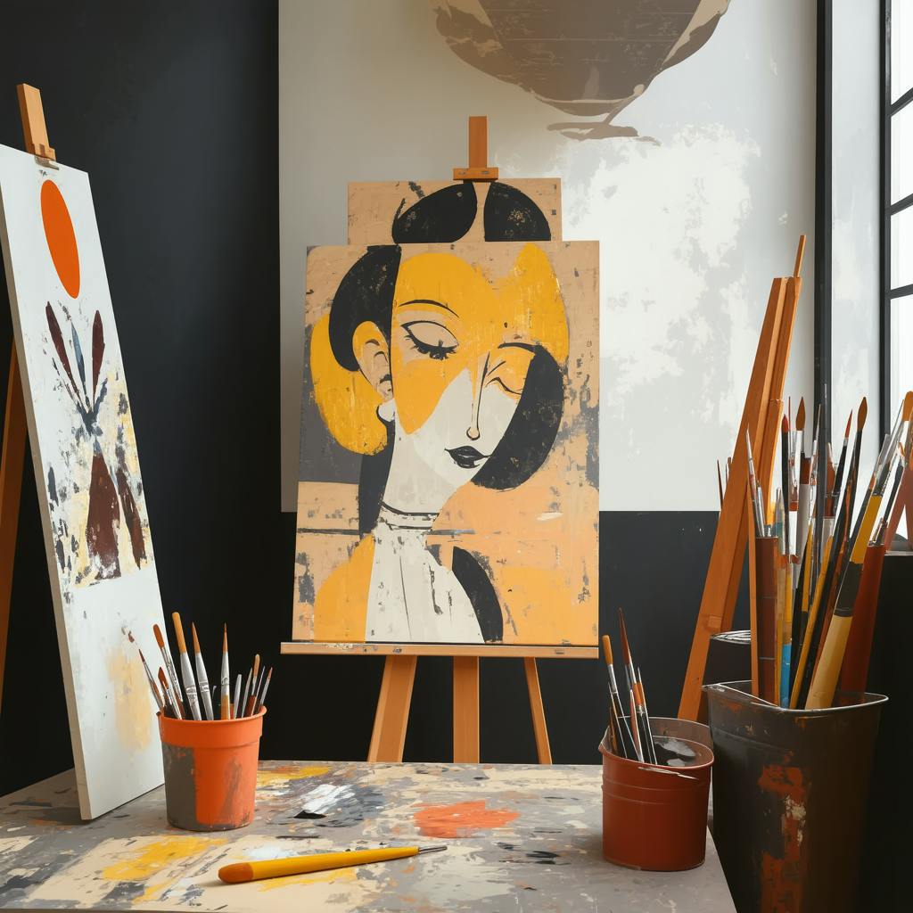 An inspiring art studio featuring custom art design in progress, with a bold abstract portrait on an easel, surrounded by paintbrushes, tools, and creative sketches.