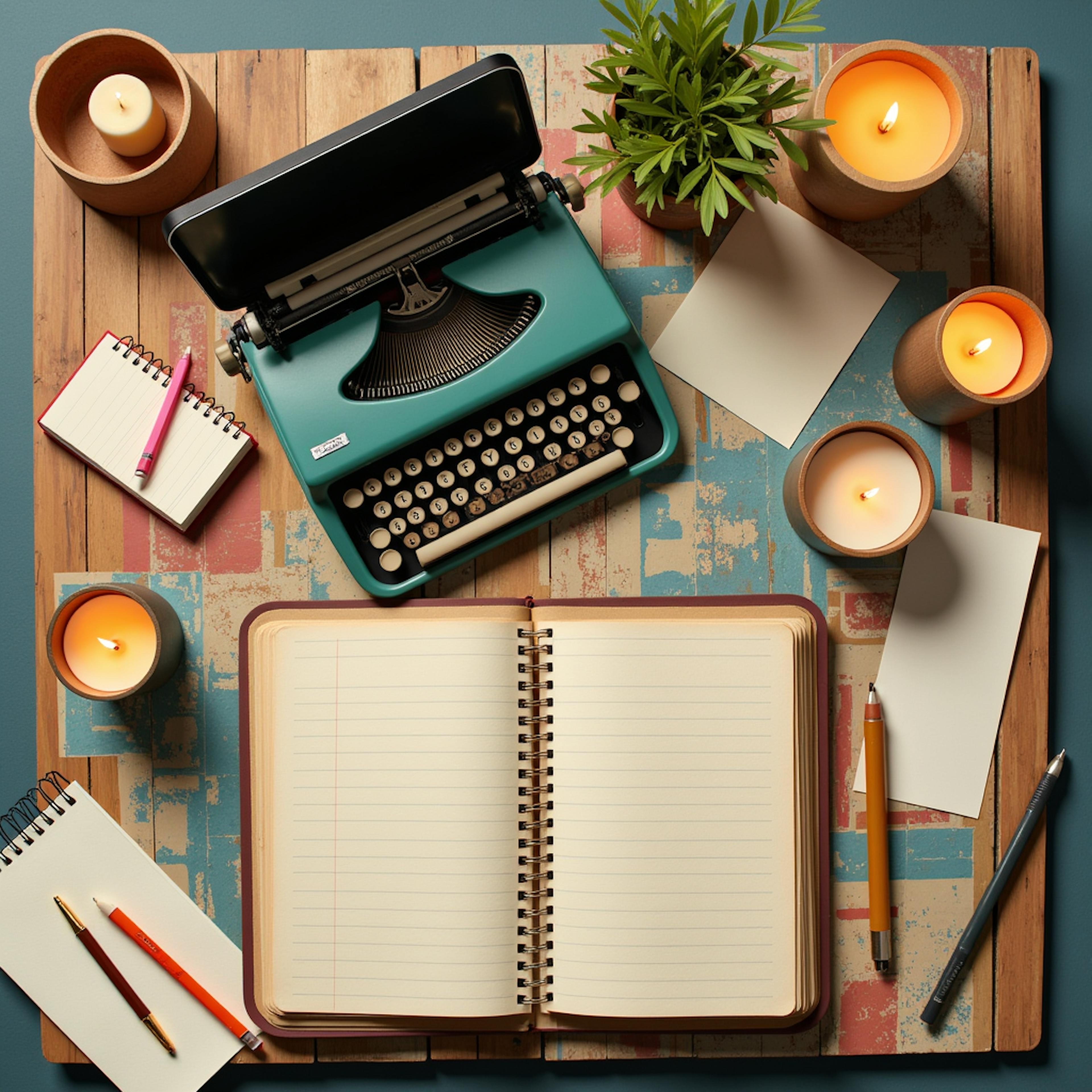A cozy wooden desk featuring an open notebook, a teal typewriter, and lit candles, ideal for brainstorming creative writing writing prompts and ideas.
