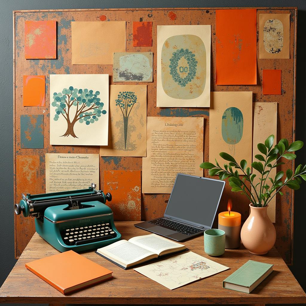 A creative workspace with a teal typewriter, laptop, and illustrated notes pinned to a board—perfect for developing creative writing writing prompts with visual inspiration.