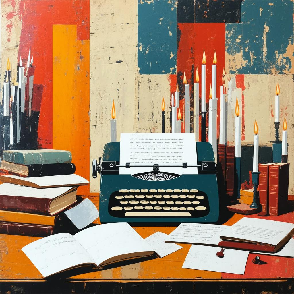 A vintage teal typewriter surrounded by glowing candles, open books, and handwritten pages—an inspiring setup for generating creative writing writing prompts.