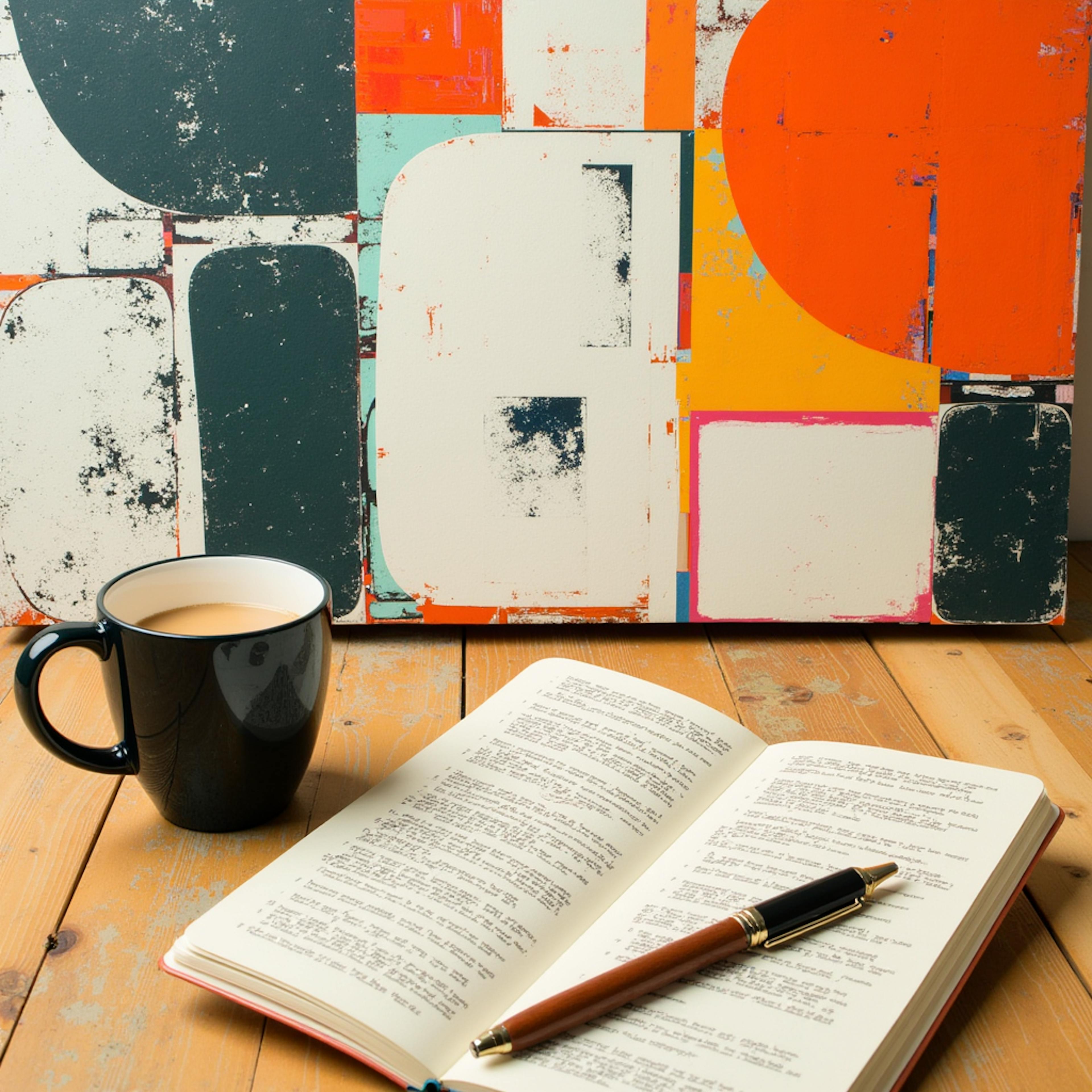 vibrant workspace featuring a geometric abstract painting, a cup of coffee, and an open notebook filled with creative writing prompts, accompanied by a fountain pen on a wooden desk.