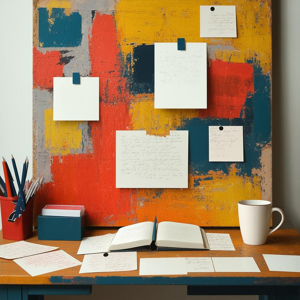 Creative writing prompts pinned to a colorful abstract board above a rustic wooden desk, surrounded by scattered note cards, an open notebook, and a white coffee mug.