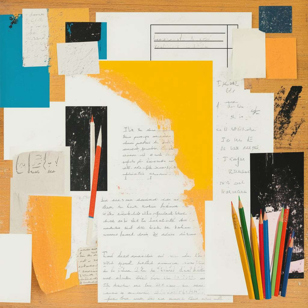 A collage of handwritten pages and abstract colored papers used for creative writing exercises, accompanied by a cluster of brightly colored pencils on a wooden table.