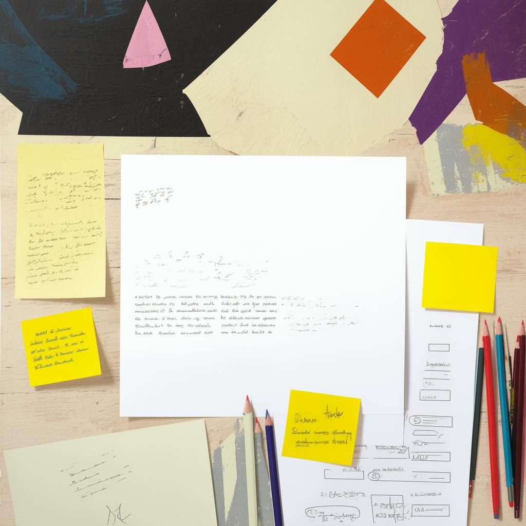 Creative workspace showcasing creative writing exercises in progress, with handwritten notes, bright sticky notes, colored pencils, and abstract art elements on a wooden surface