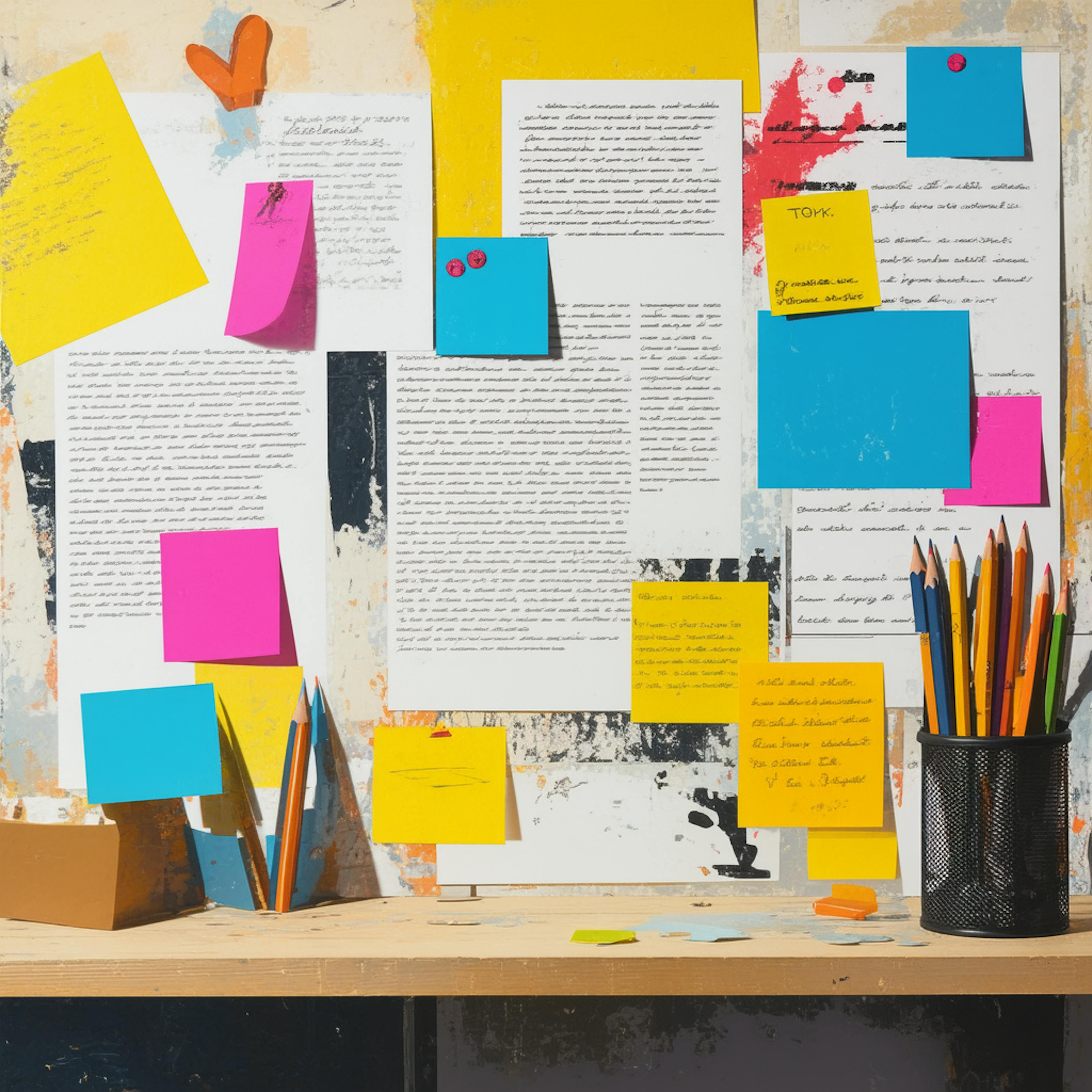 Bulletin board filled with colorful sticky notes and handwritten papers for creative writing exercises, with a pencil holder and scattered notes on a rustic desk below.