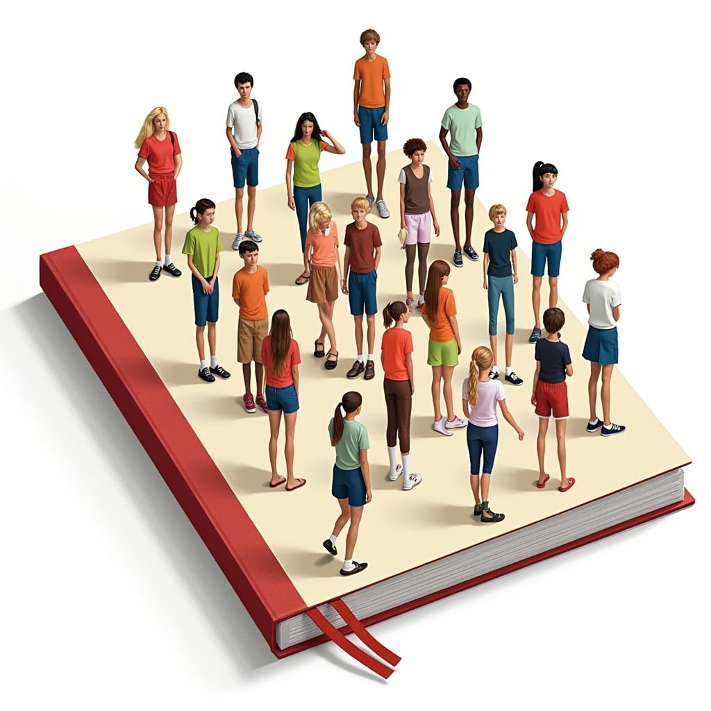 Group of diverse students standing on an oversized book, symbolizing shared stories and creative writing examples brought to life through community.