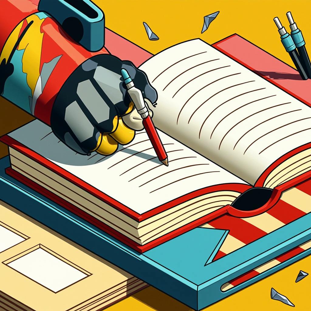 A robotic hand holding a pencil and writing in a notebook, blending technology and storytelling to create futuristic creative writing examples.