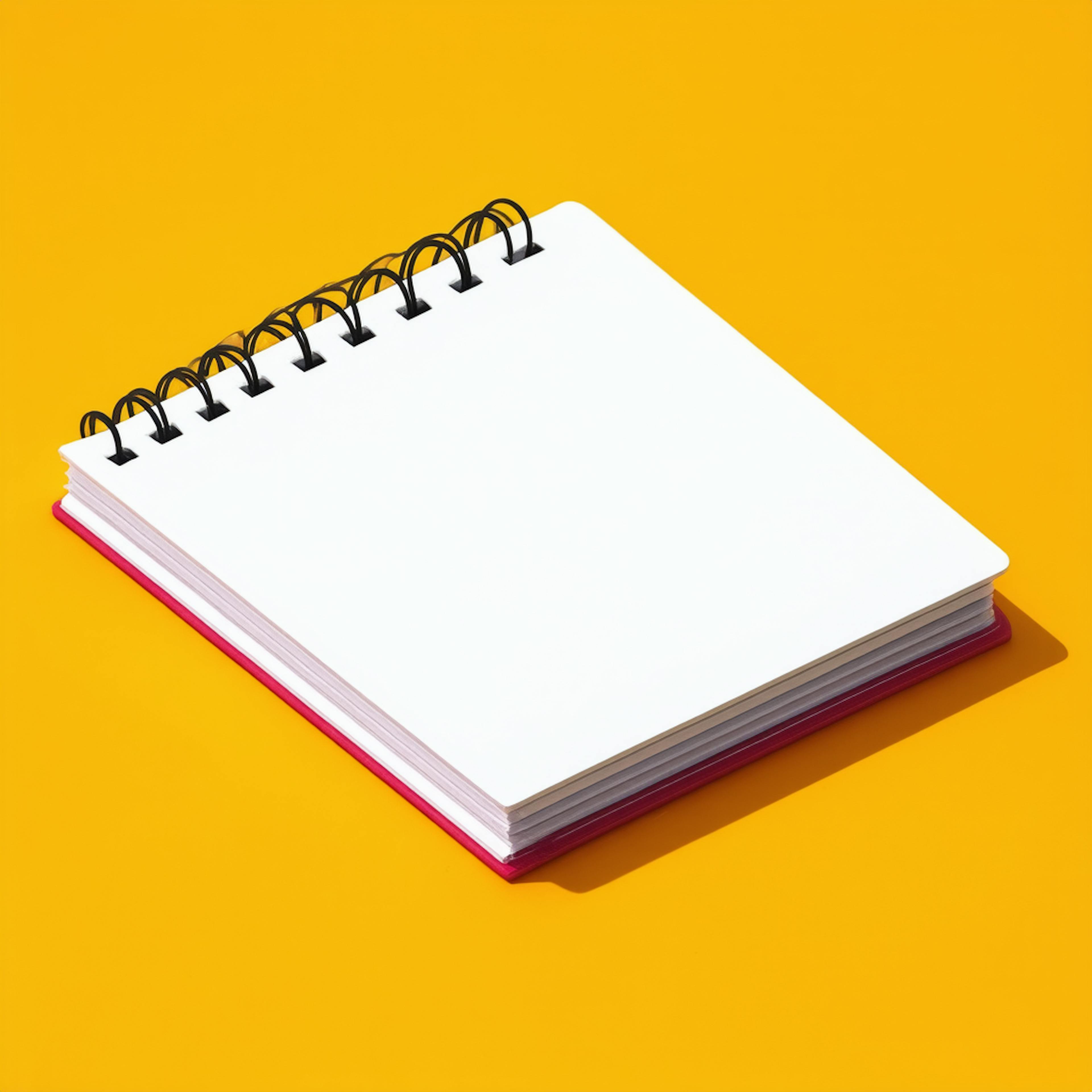 Blank spiral notebook with a red cover placed on a vibrant yellow background, ready to be filled with inspiring creative writing examples.