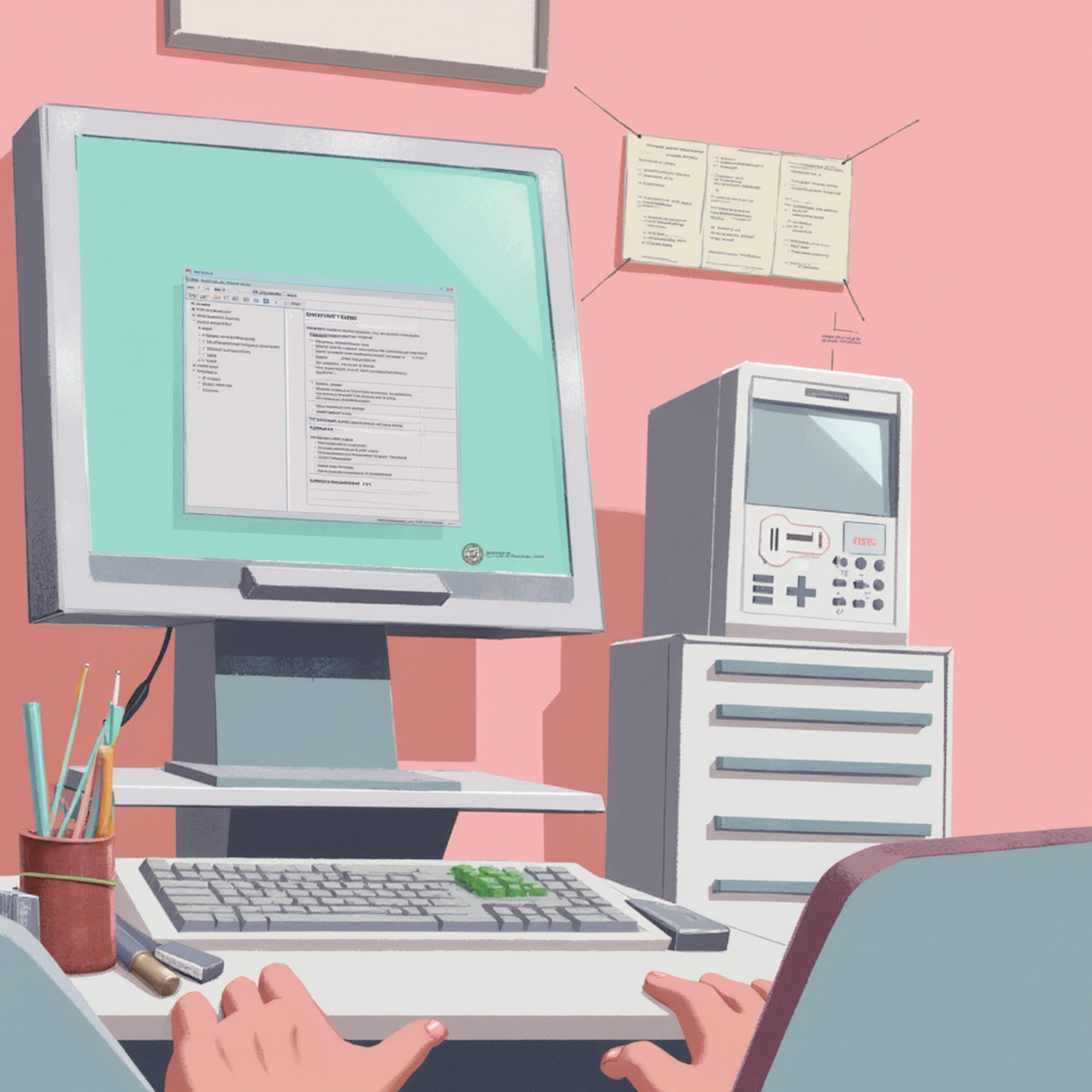 Retro computer setup with testing software displayed on the screen, symbolizing the evolution of creative testing solutions in technology environments.