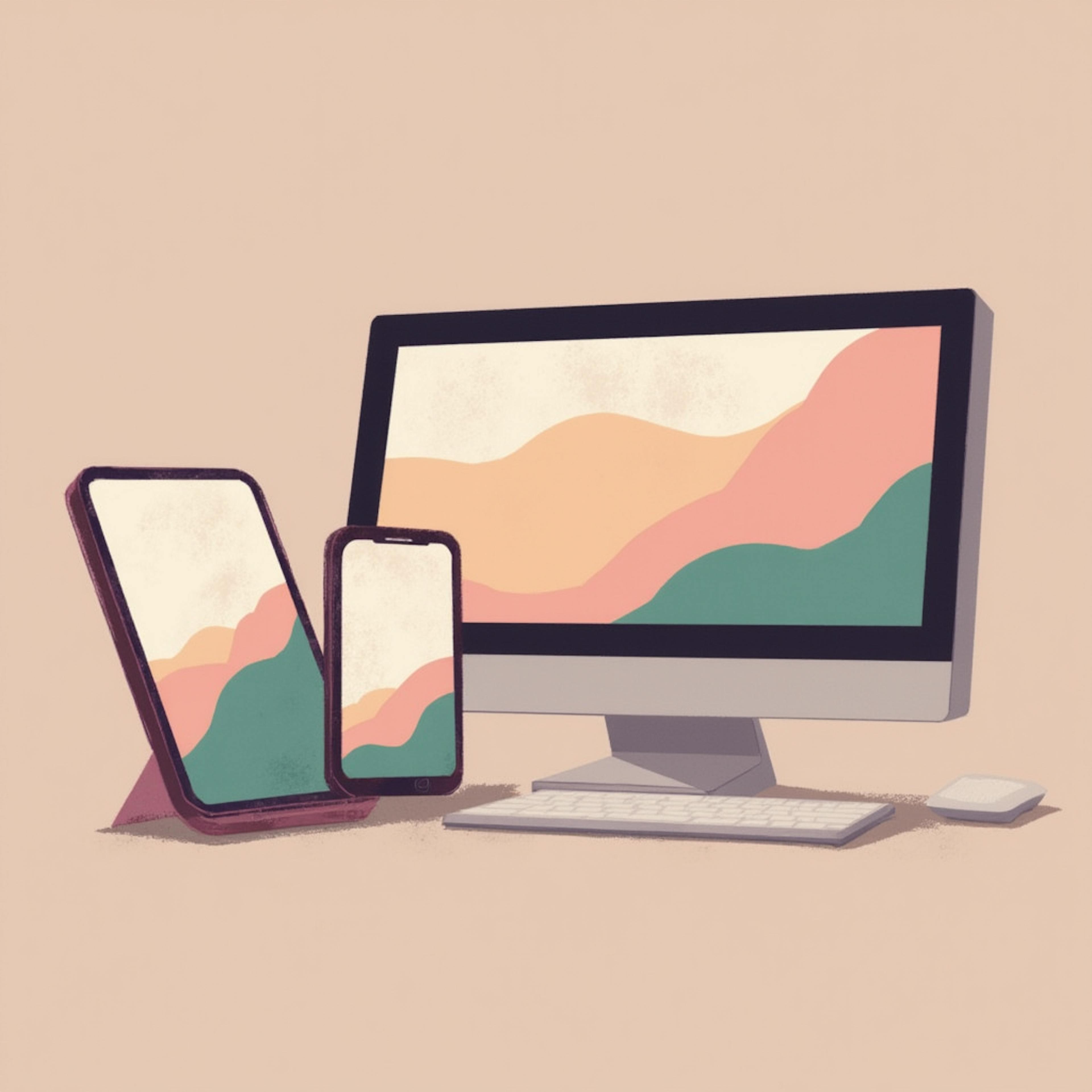 Modern digital devices including a desktop, tablet, and smartphones displaying test patterns, showcasing creative testing solutions for cross-platform performance.