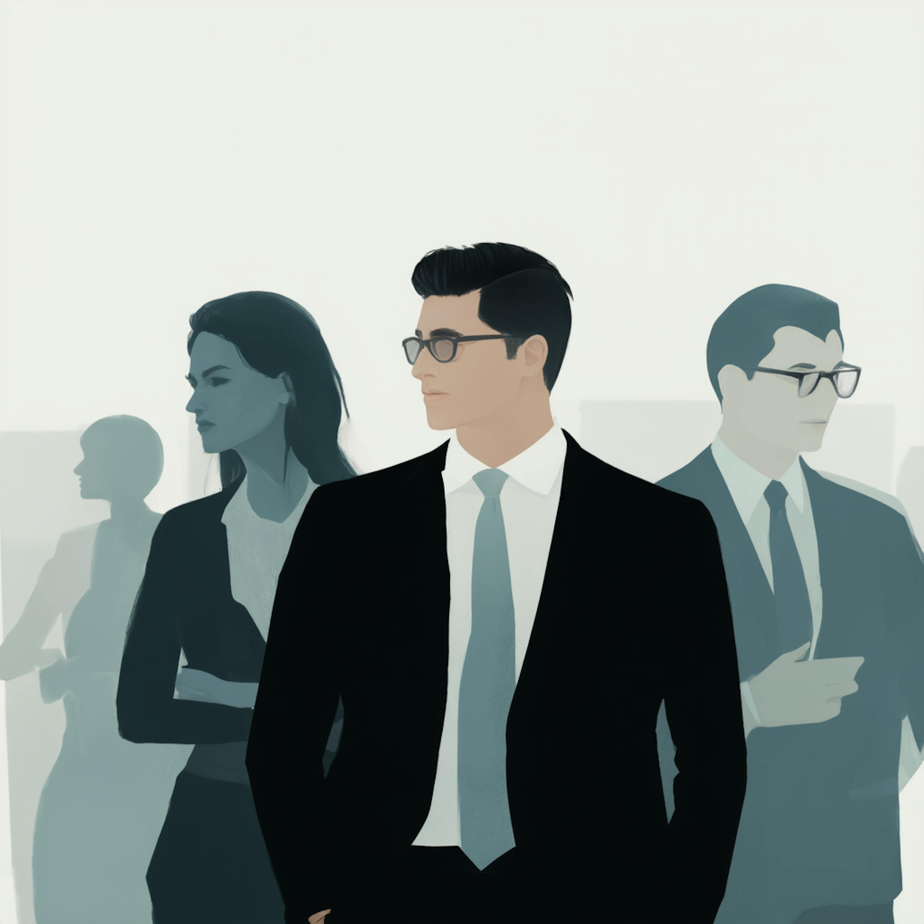 Business professional in a suit confidently leading a team, representing leadership and innovative thinking through creative solutions in the workplace