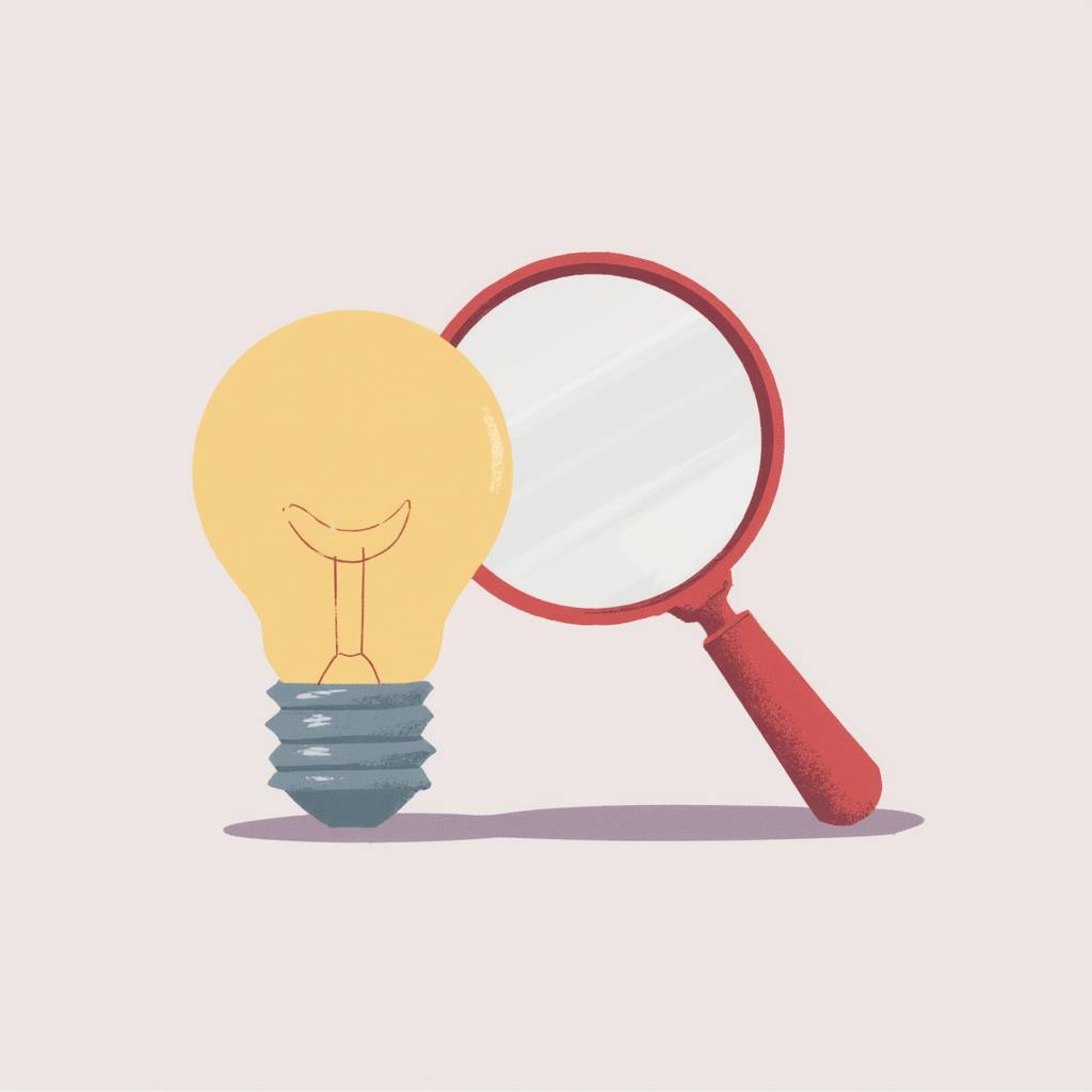 Illustration of a light bulb and magnifying glass symbolizing the discovery of bright ideas and creative solutions through careful analysis and innovation.