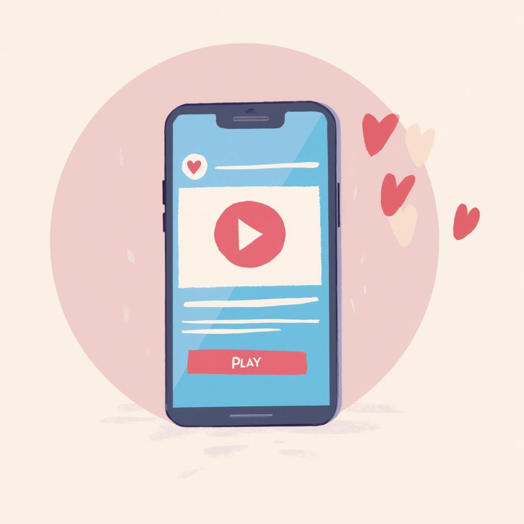 A mobile phone with a large play button and heart icons floating around it, symbolizing an engaging video within a creative portfolio designed for social media appeal.