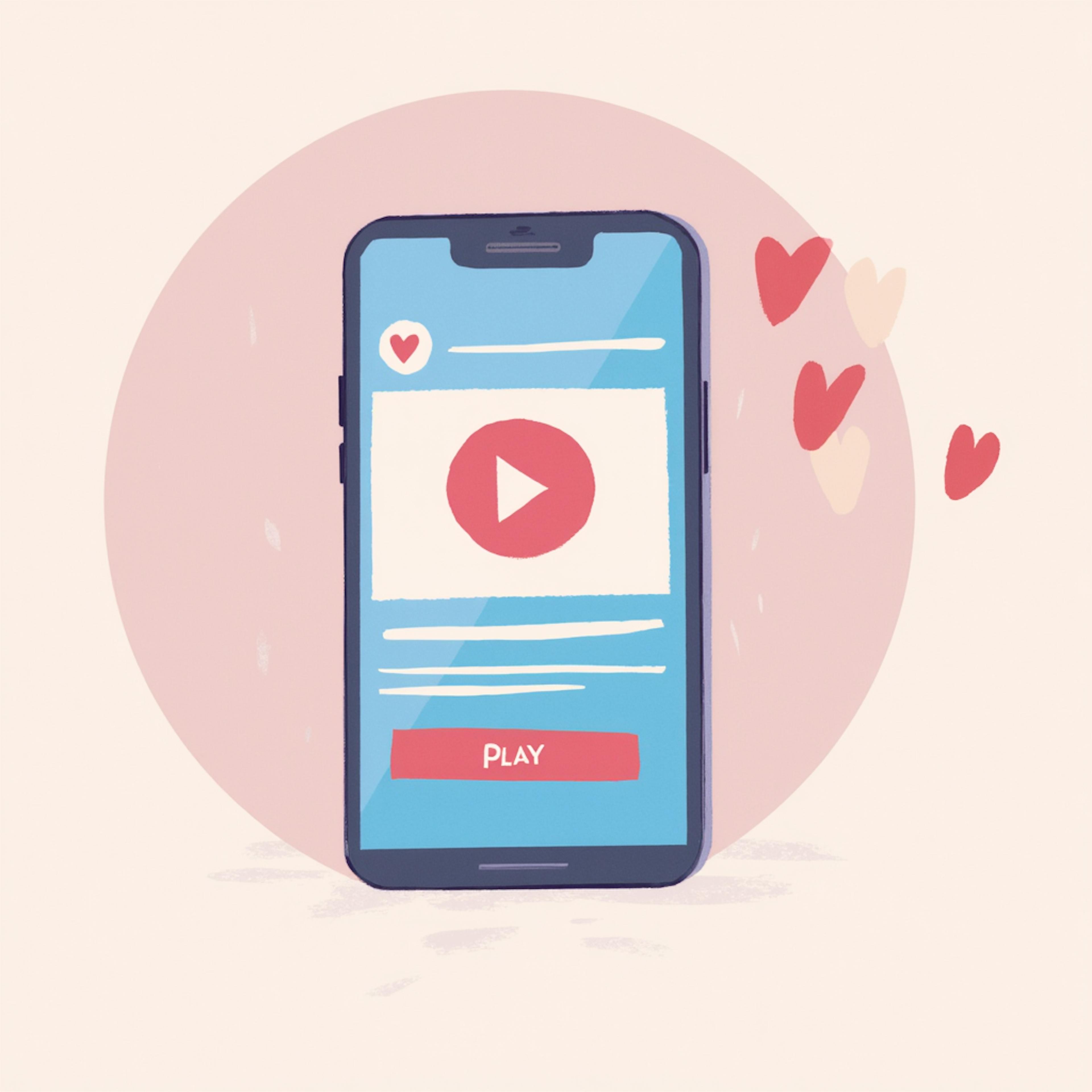A mobile phone with a large play button and heart icons floating around it, symbolizing an engaging video within a creative portfolio designed for social media appeal.