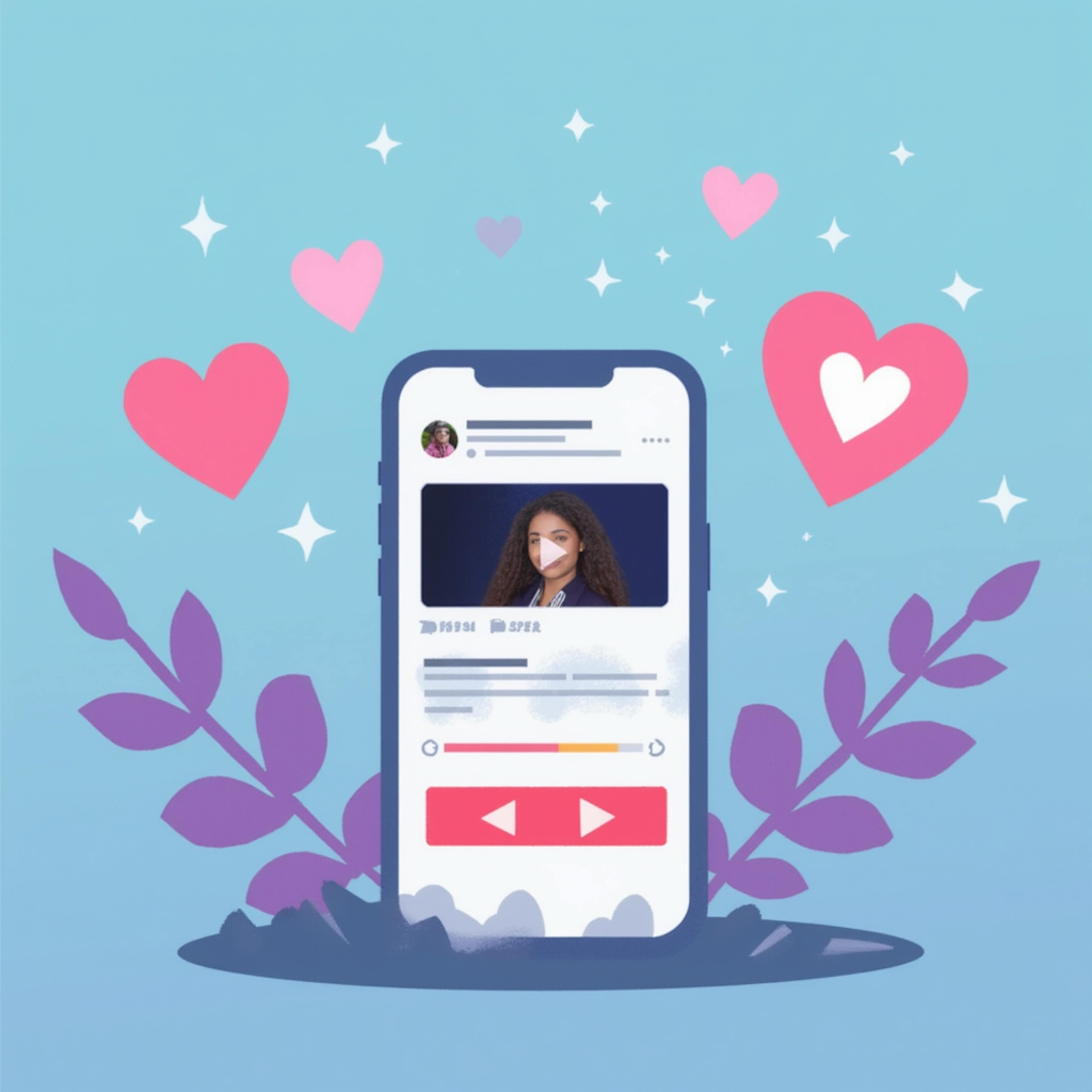 A smartphone screen shows a woman in a video frame with hearts and sparkles around it, set against a colorful background—highlighting a visually rich creative portfolio on a personal profile.