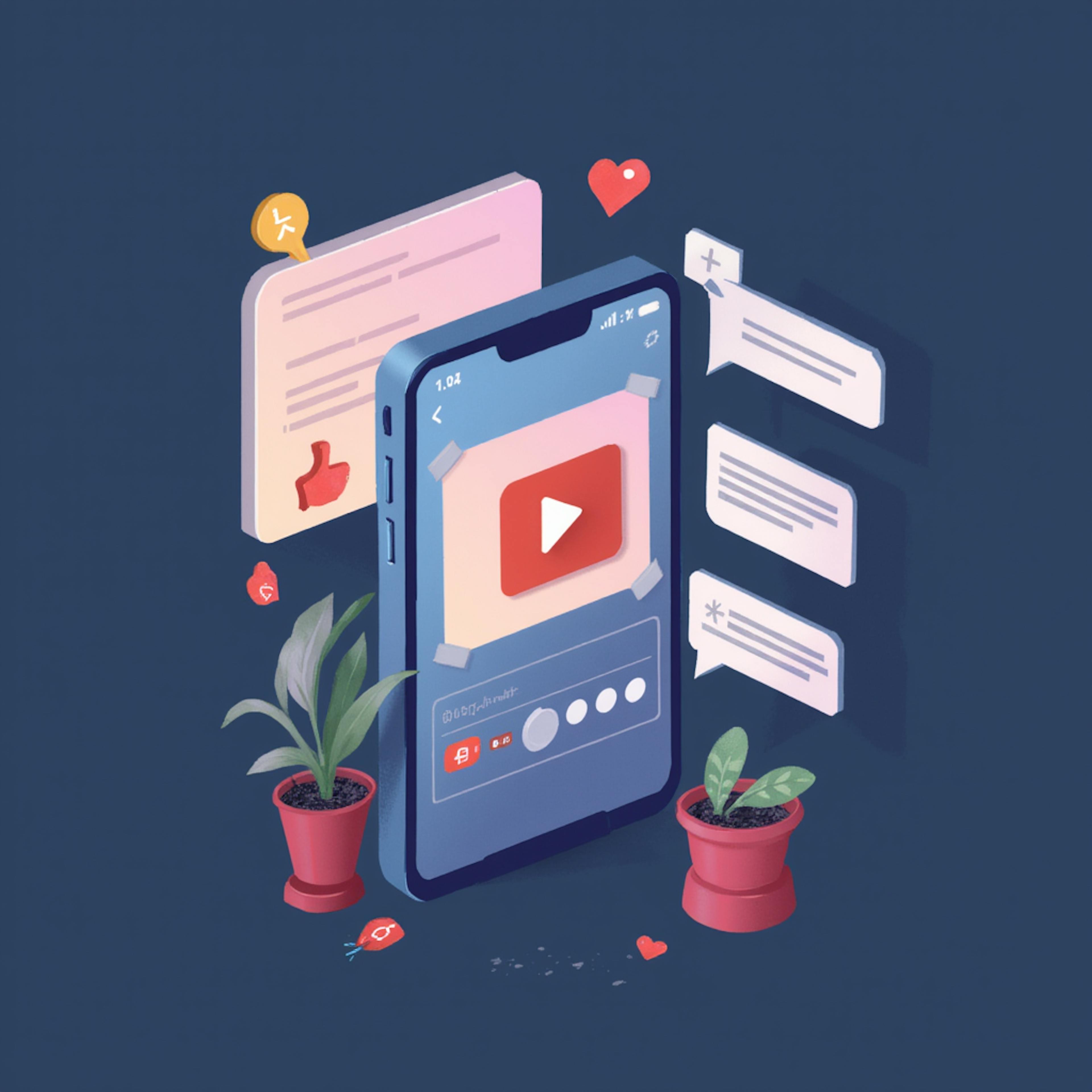 A stylized smartphone screen displays a video post with social media icons, comments, and interactive elements, surrounded by plants—representing a dynamic creative portfolio in a digital environment.