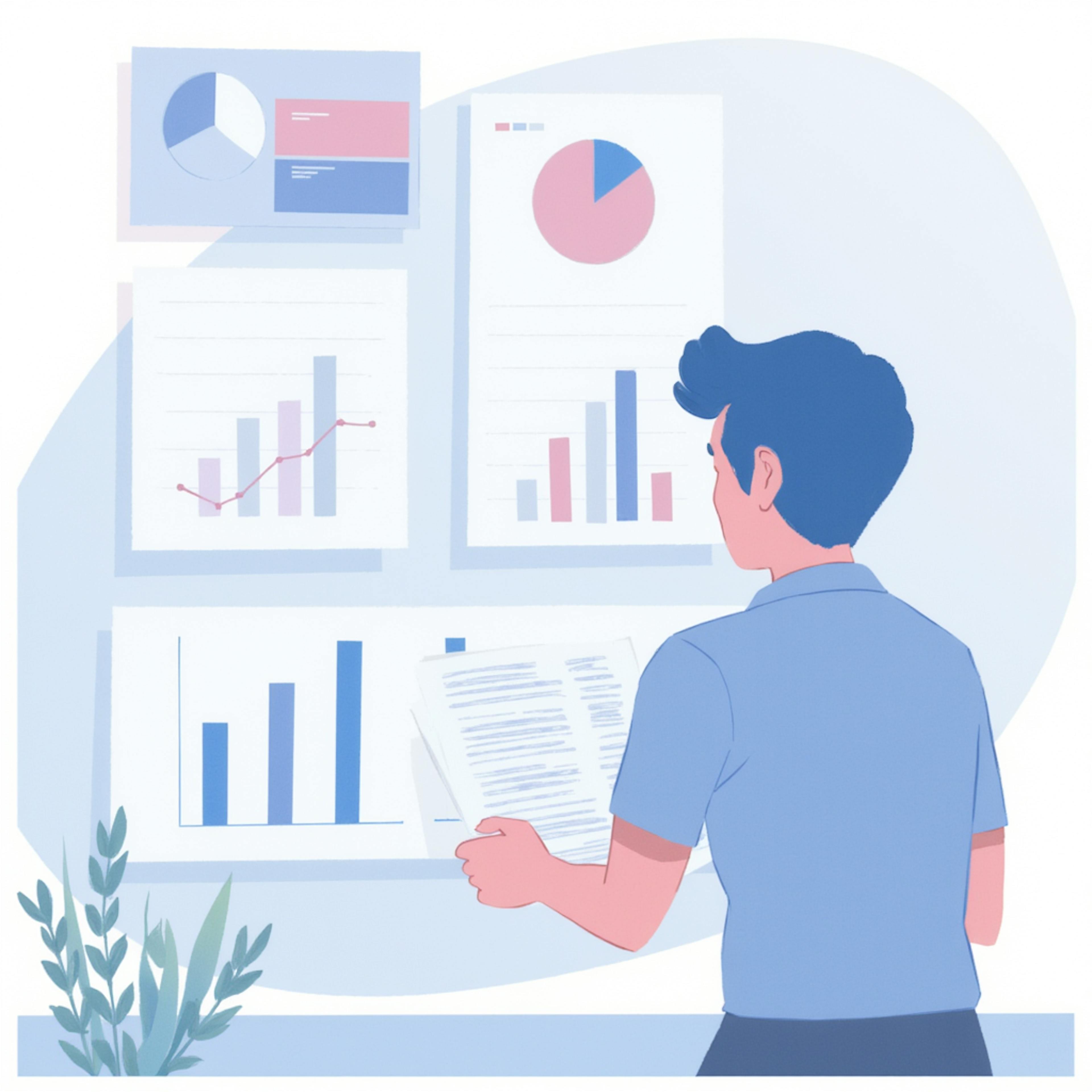 A professional reviews printed reports and data charts on a wall, representing the use of strategic analytics to inform creative marketing solutions.