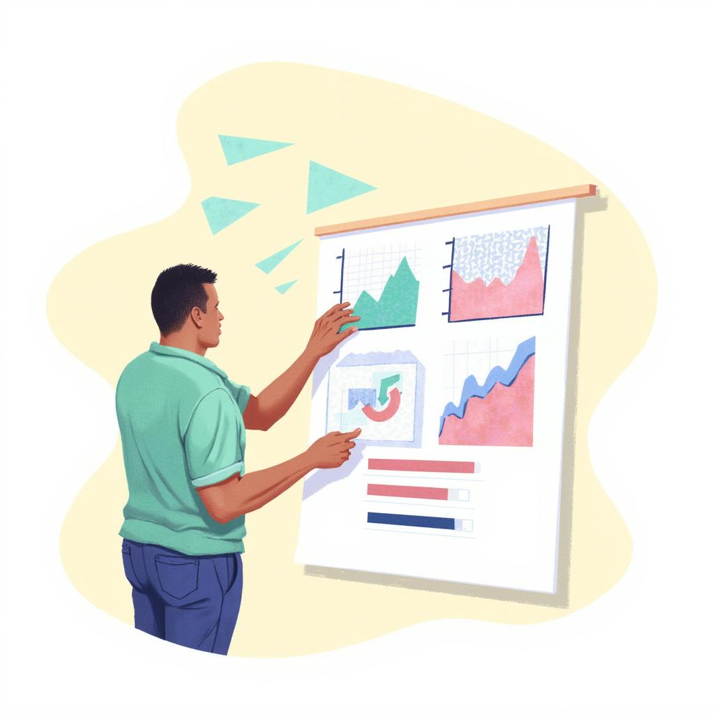 A man in a green shirt analyzes various colorful graphs and charts on a presentation board, illustrating data-driven creative marketing solutions in action.