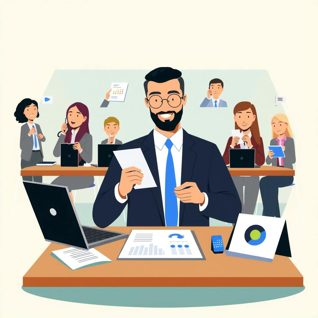 A campaign manager leading a team meeting with charts and documents, representing key campaign manager duties like team coordination and performance reviews.