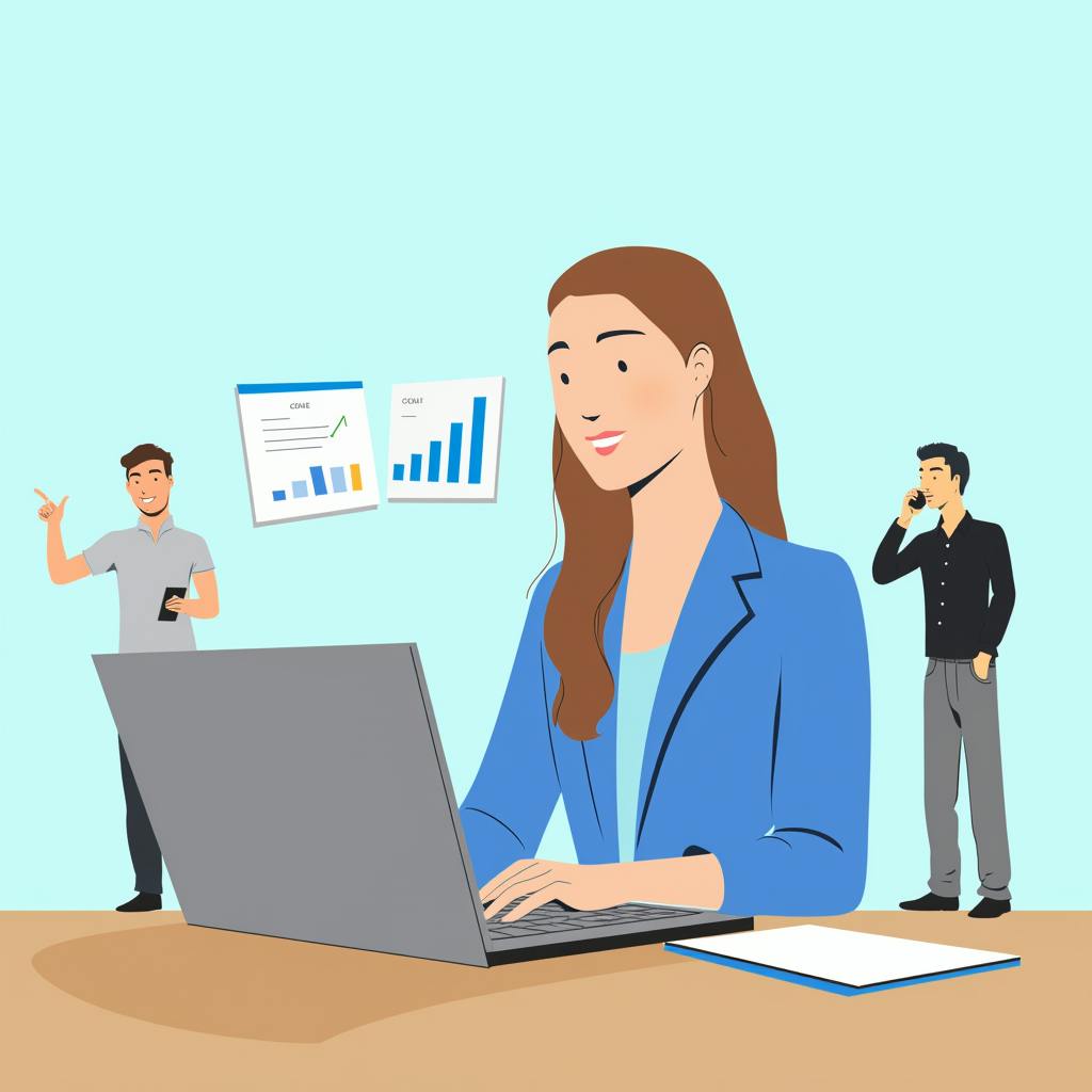 Female campaign manager analyzing growth charts on a laptop while overseeing team activities, highlighting campaign manager duties in strategy execution and communication.