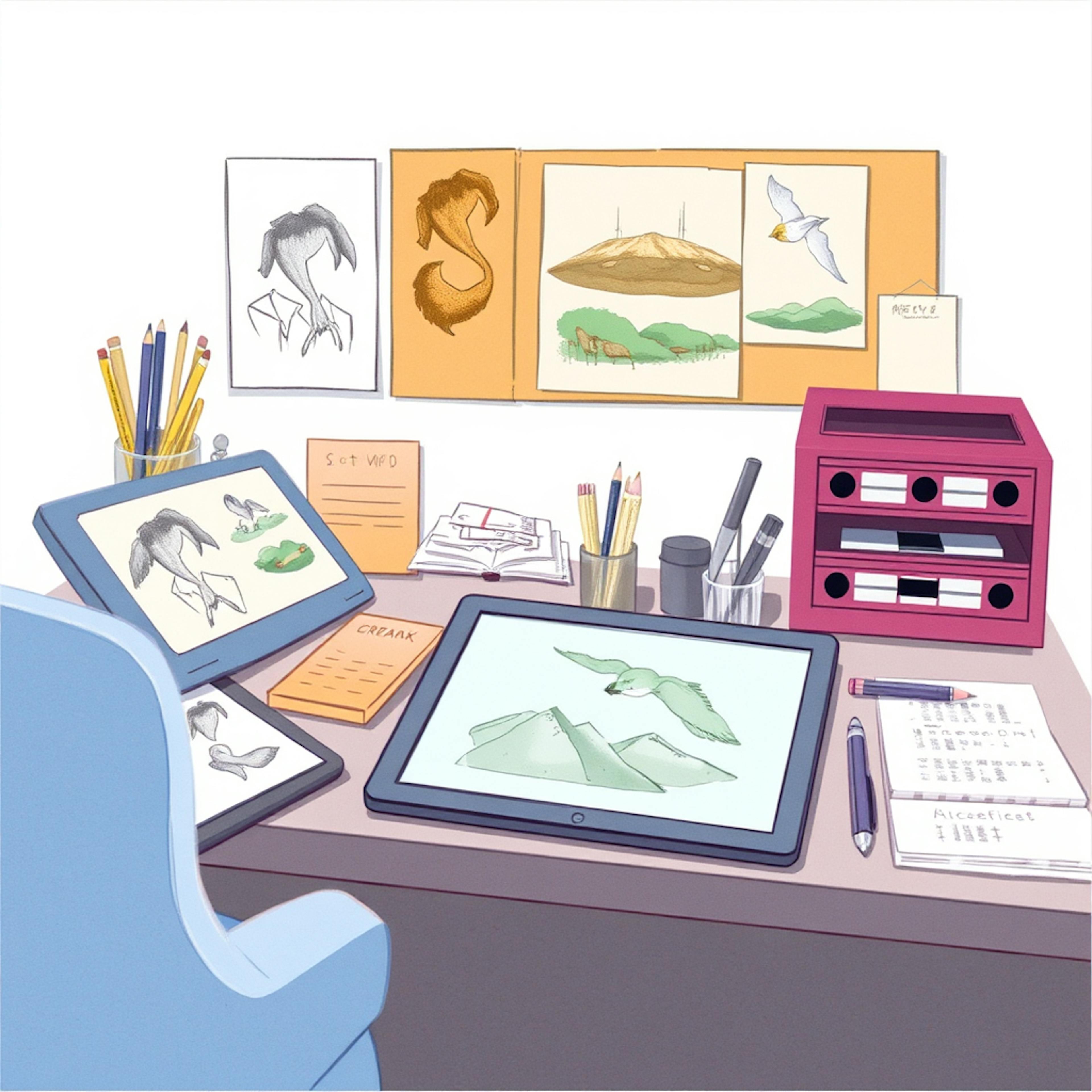 A colorful, well-organized digital artist’s desk displaying three tablets, each showcasing nature and bird-themed illustrations. Surrounding the screens are labeled folders, sketchpads, pens, and a bulletin board with additional wildlife drawings. This vibrant setup reflects dynamic creative brief examples in environmental or wildlife illustration projects.