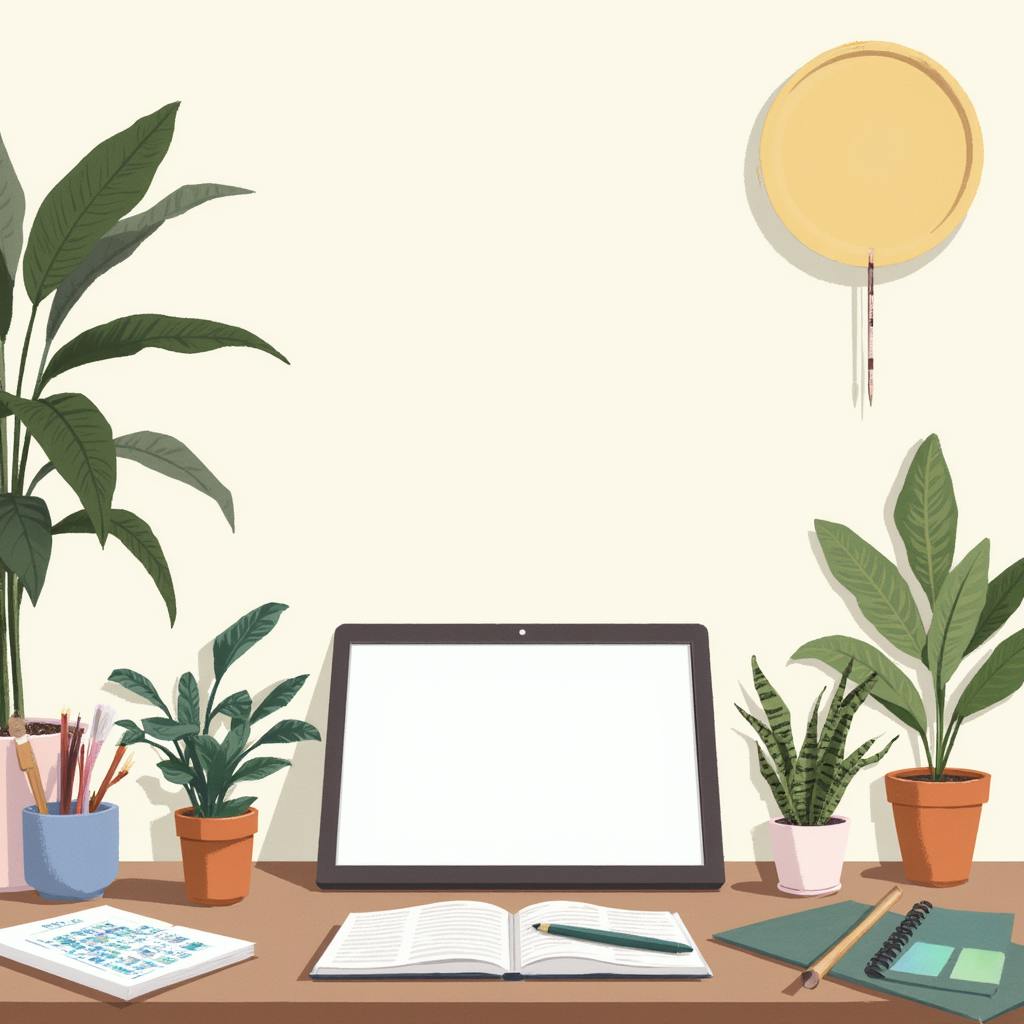 A tranquil, plant-filled workspace featuring a blank digital tablet flanked by leafy potted plants. Open notebooks, a pencil, and a printed color swatch reference guide suggest a calm planning phase for design work. The serene layout symbolizes nature-inspired creative brief examples during the conceptualization phase.