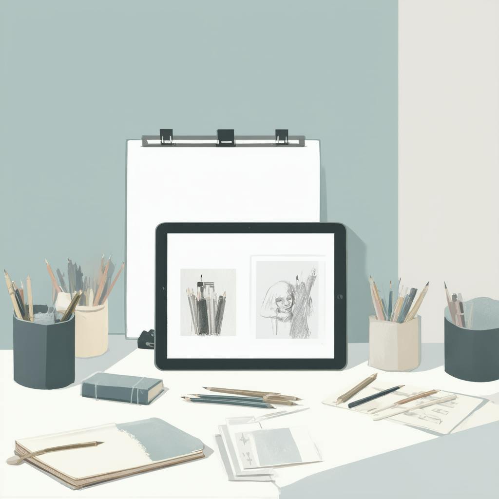 A minimalist art studio workspace featuring sketching tools like pencils and brushes arranged in holders around a digital tablet displaying two monochrome sketches—one of a pencil holder and the other a loose portrait. Notebooks and paper drafts are scattered across the desk. A clipboard with a blank sheet leans against a muted two-tone blue and cream wall, representing the setting for early-stage creative brief examples in an illustration workflow.