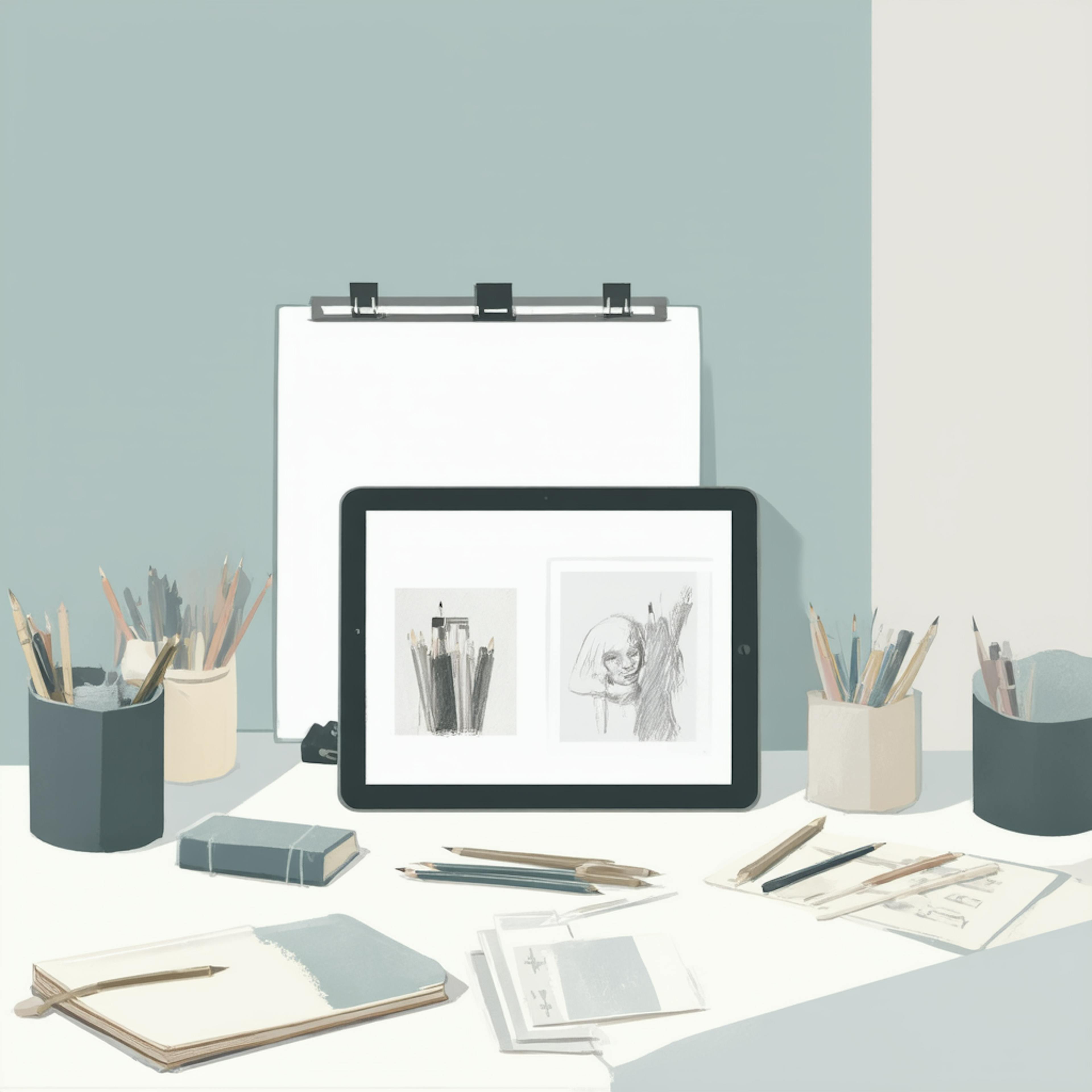 A minimalist art studio workspace featuring sketching tools like pencils and brushes arranged in holders around a digital tablet displaying two monochrome sketches—one of a pencil holder and the other a loose portrait. Notebooks and paper drafts are scattered across the desk. A clipboard with a blank sheet leans against a muted two-tone blue and cream wall, representing the setting for early-stage creative brief examples in an illustration workflow.