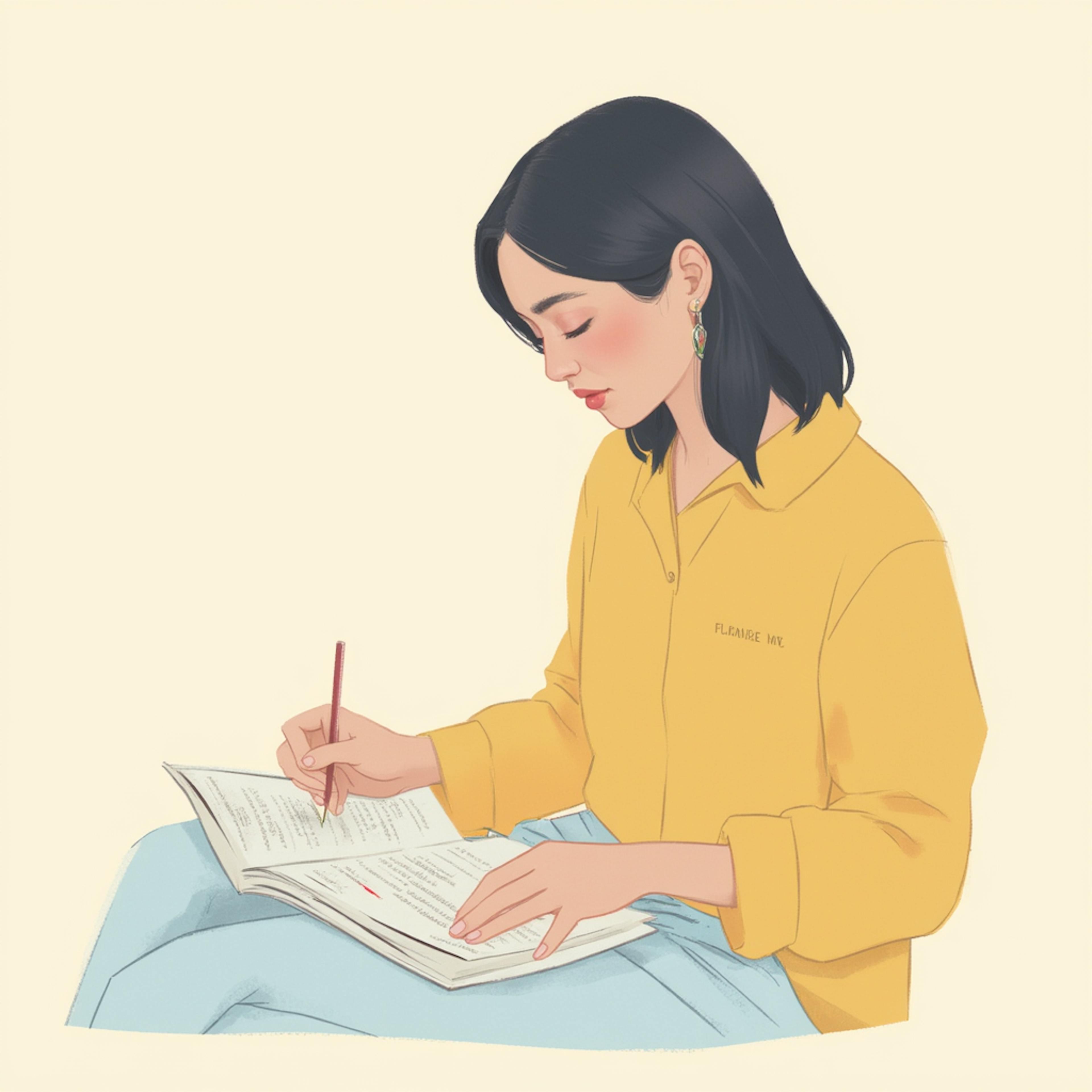 An illustrated woman in a yellow shirt sits peacefully, writing in a notebook on her lap. Her focused expression and casual posture suggest a moment of thoughtful planning or content drafting. This calm and focused scene represents the personal development of creative branding solutions through written strategy and ideation.