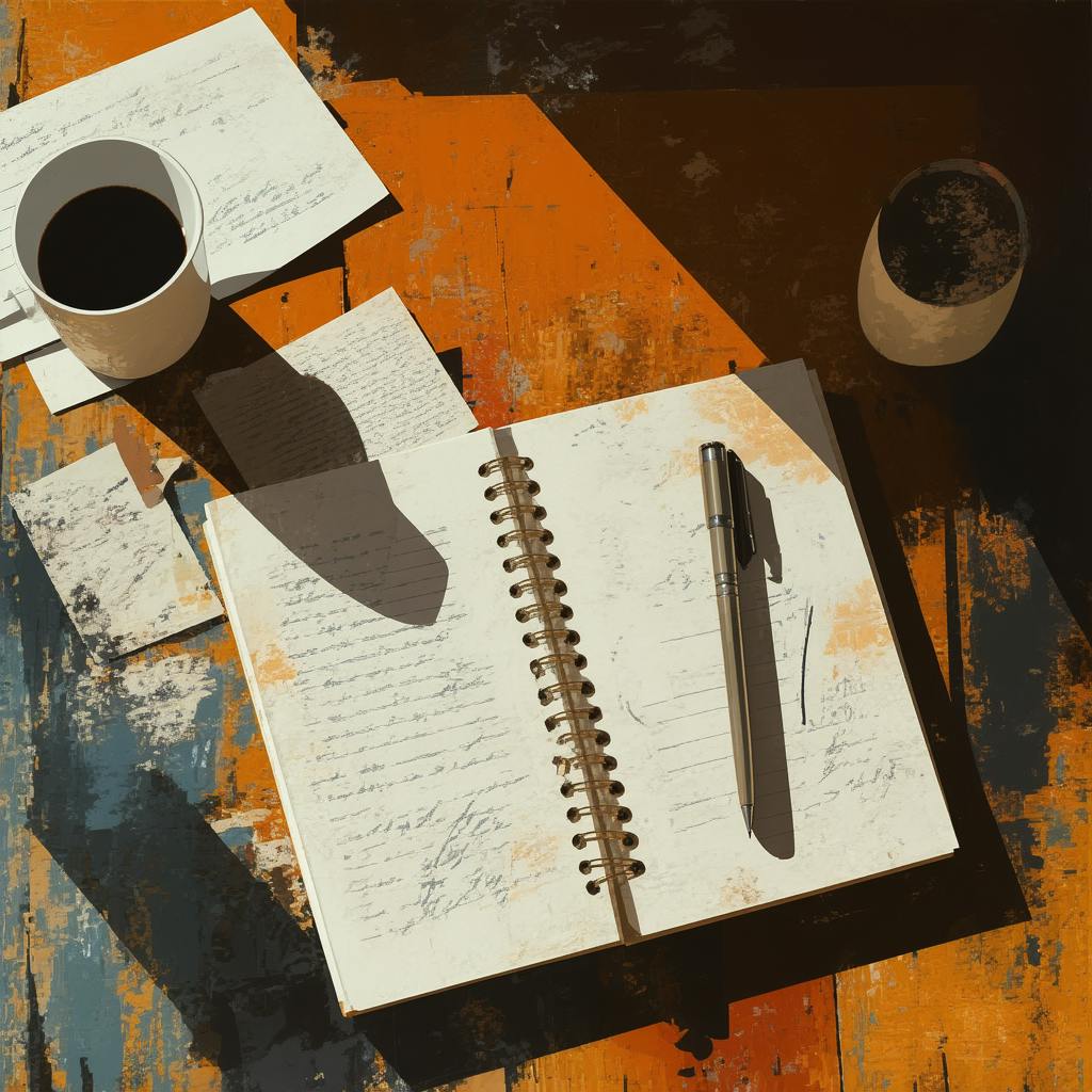 A moody, artistic setting with a spiral notebook open to rough sketches and notes, surrounded by coffee cups and scattered papers. The textured, high-contrast lighting across a rugged orange and blue surface emphasizes the raw, inspired process of developing creative branding solutions in a conceptual and emotionally driven environment.