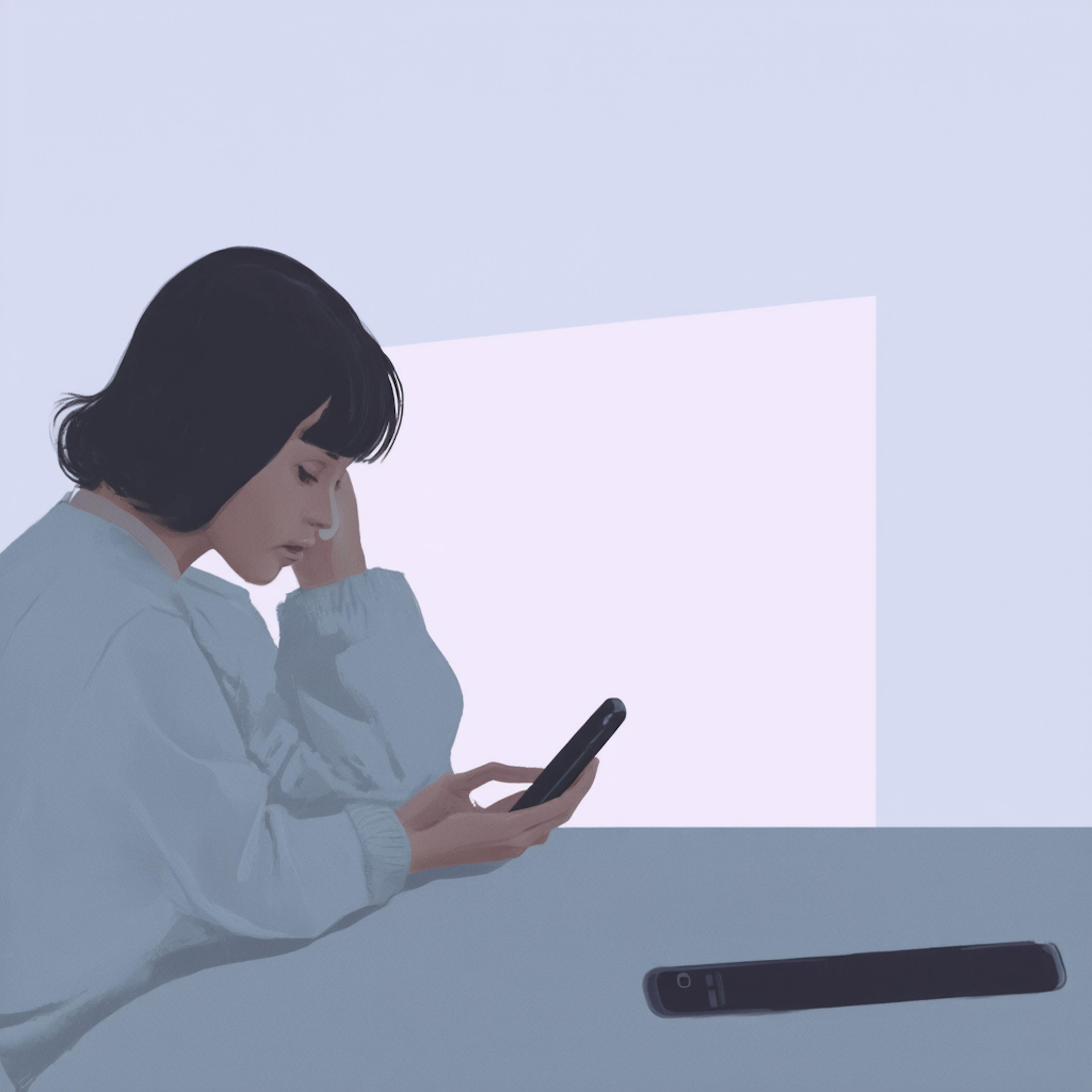A young woman in a soft blue outfit sits at a minimalistic desk, looking intently at her smartphone. The background features a pastel-toned gradient square, evoking a modern digital interface. This scene captures a thoughtful moment of testing or exploring creative app solutions in a serene digital environment.