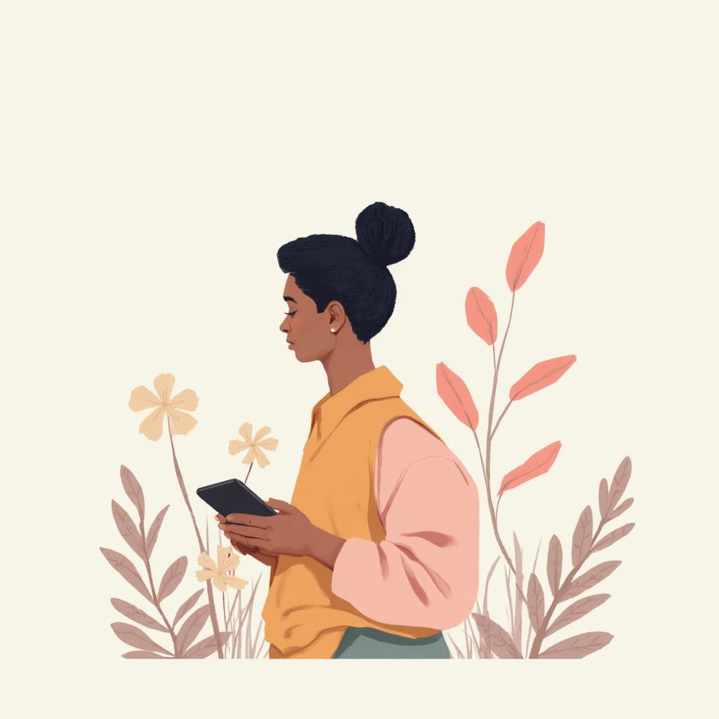 A woman stands in profile holding a digital tablet, surrounded by illustrated botanical elements in soft peach and beige tones. Her poised posture and focused gaze reflect engagement with nature-inspired creative app solutions, merging technology with organic design principles.