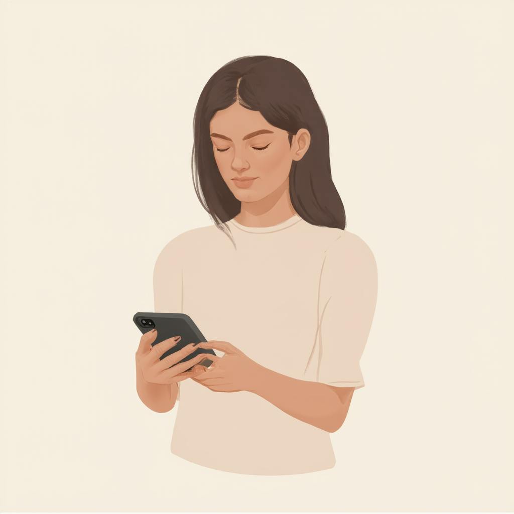 A woman in a cream-colored shirt looks down at her smartphone with a calm, focused expression. The neutral background emphasizes the device and her interaction with it, representing user-centric creative app solutions designed for simplicity and elegance.