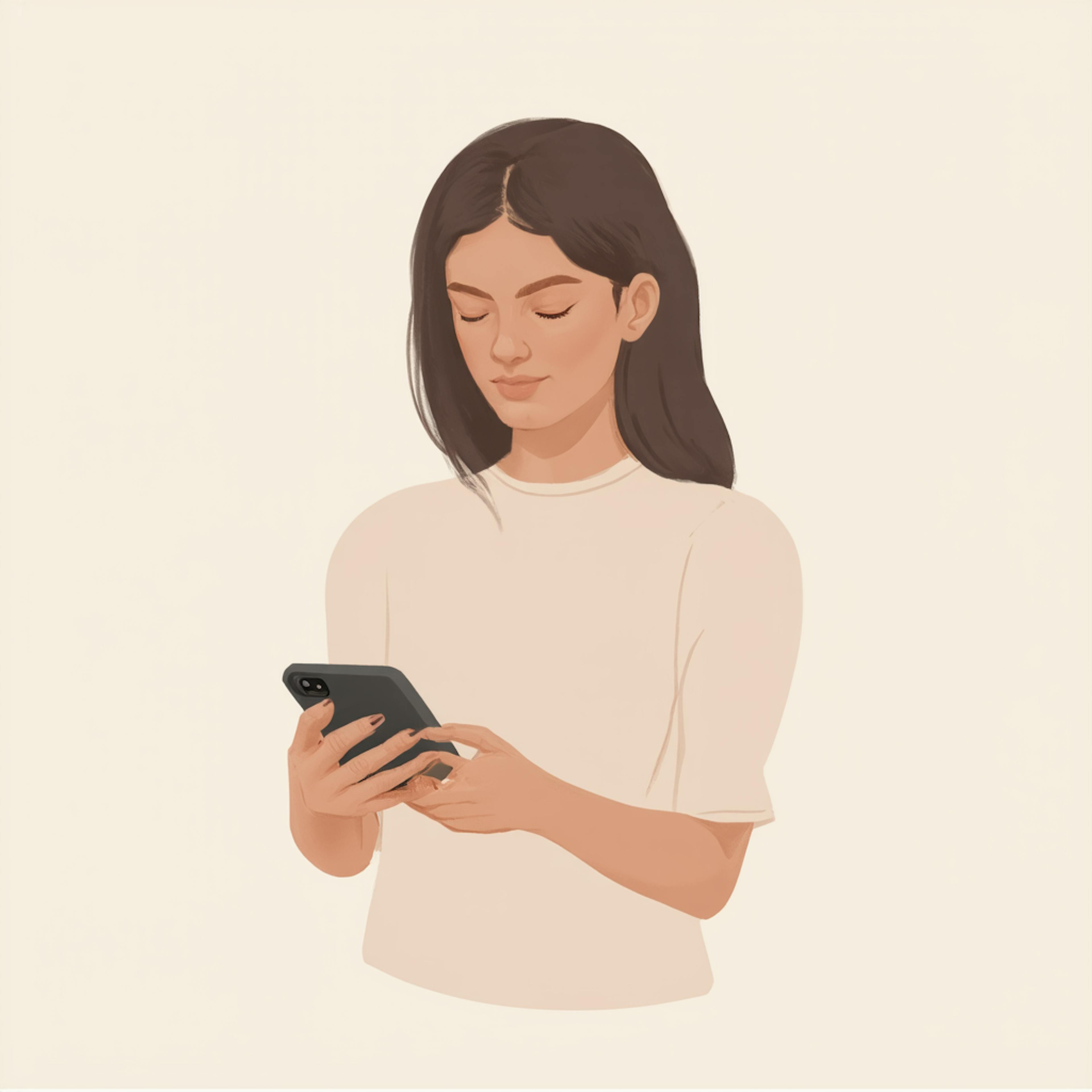 A woman in a cream-colored shirt looks down at her smartphone with a calm, focused expression. The neutral background emphasizes the device and her interaction with it, representing user-centric creative app solutions designed for simplicity and elegance.