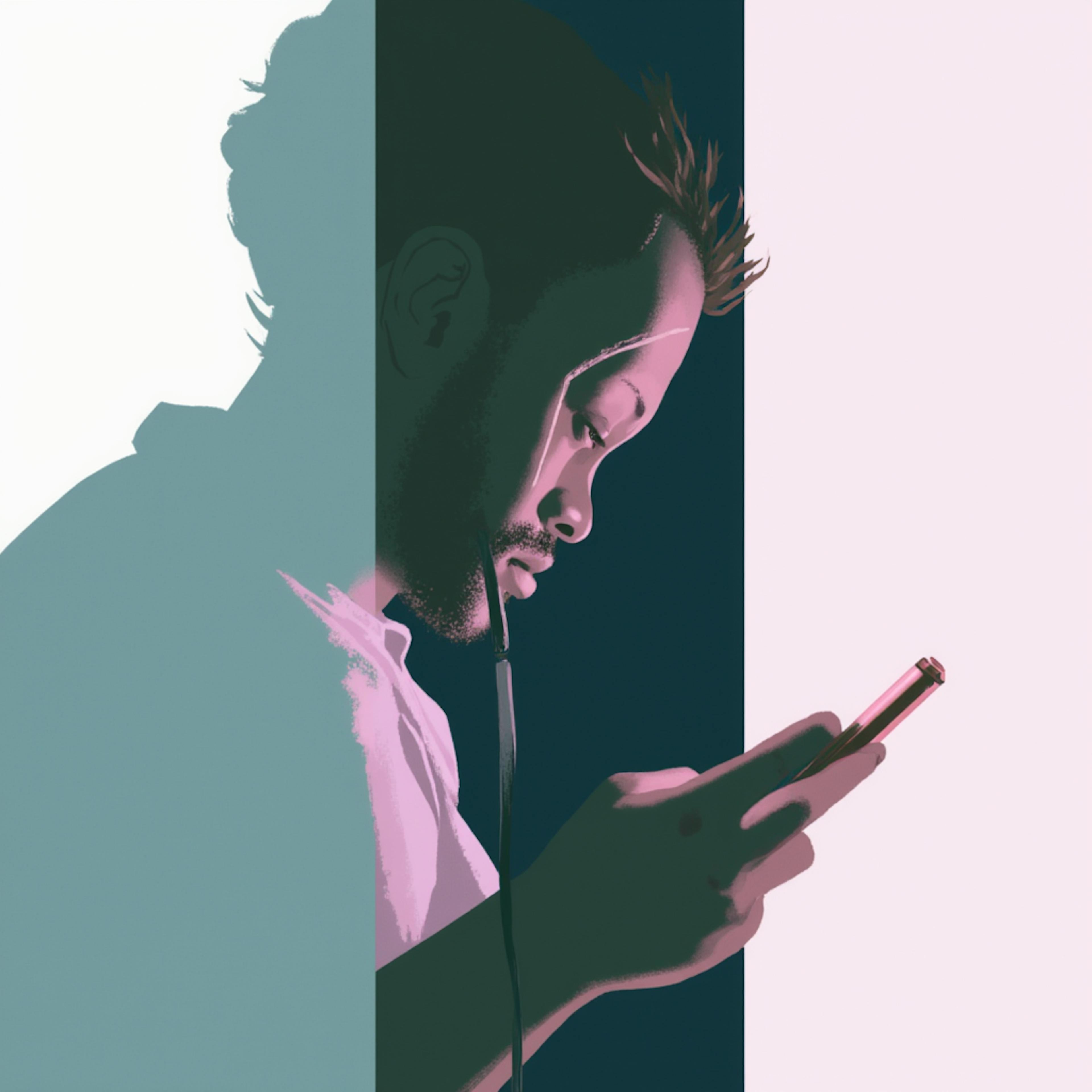 A stylized portrait of a man holding a smartphone, partially illuminated with high-contrast colored light panels in teal, navy, and pink. His contemplative expression and the sleek design elements evoke the innovative edge of creative advertising solutions in a digital-first world.