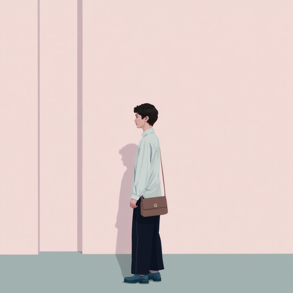 A young man in dressy casual wear stands alone against a pale pink architectural wall, casting a long shadow. The minimalist setting and visual contrast highlight individuality and storytelling—hallmarks of minimalist yet bold creative advertising solutions.