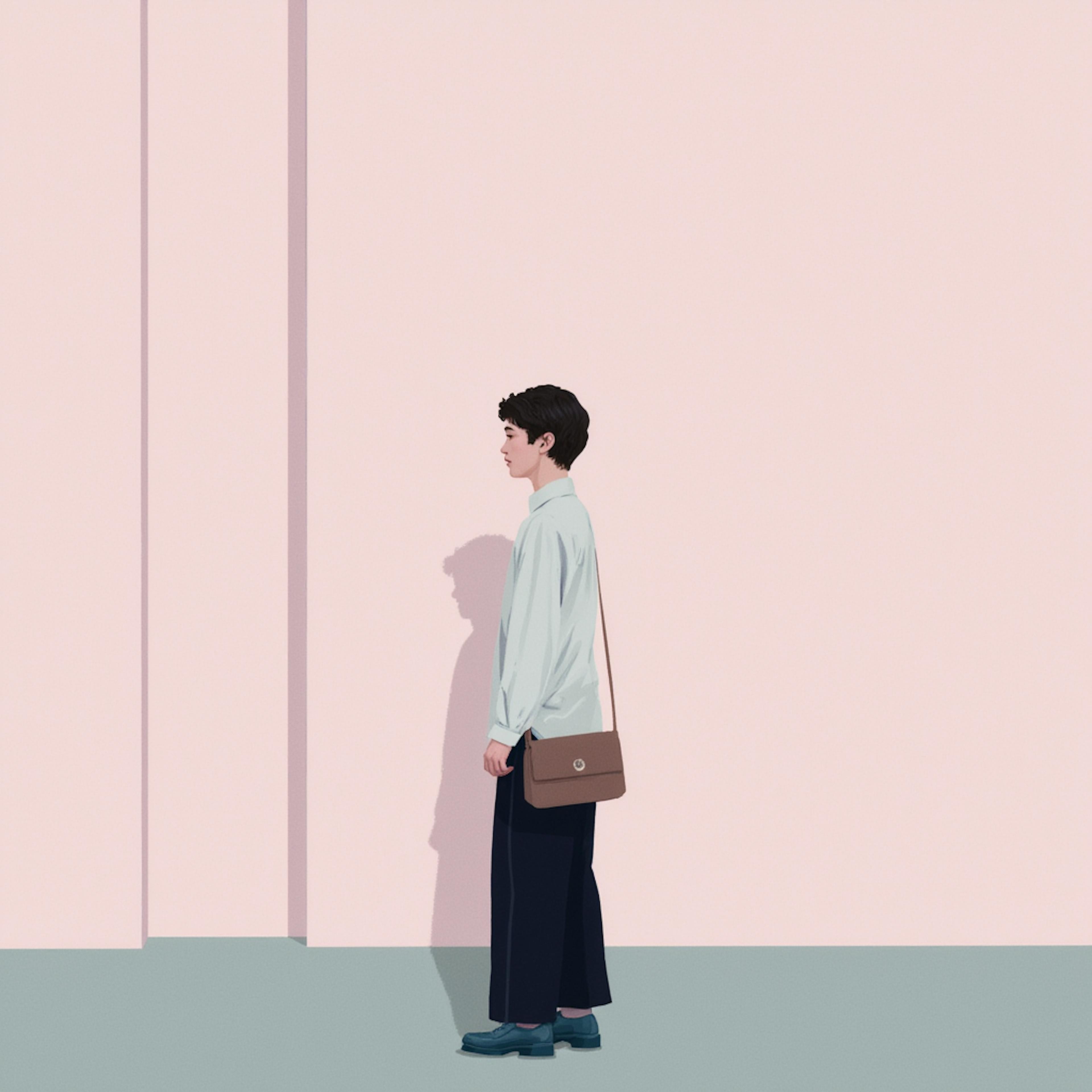 A young man in dressy casual wear stands alone against a pale pink architectural wall, casting a long shadow. The minimalist setting and visual contrast highlight individuality and storytelling—hallmarks of minimalist yet bold creative advertising solutions.