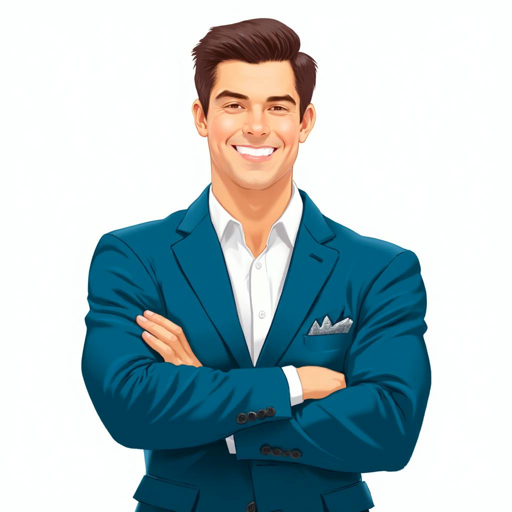 A confident man in a blue blazer smiles with arms crossed against a white background. His polished look and assertive posture convey professional charisma, symbolizing the human element behind strategic creative advertising solutions in branding and client-facing media.