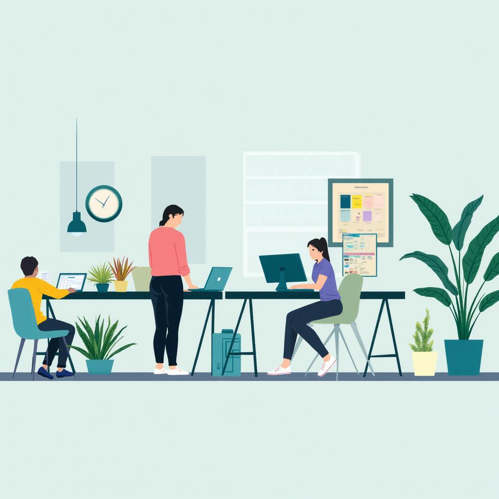 A team of professionals works independently at their desks in a bright office, showcasing a structured environment for delivering corporate design services.