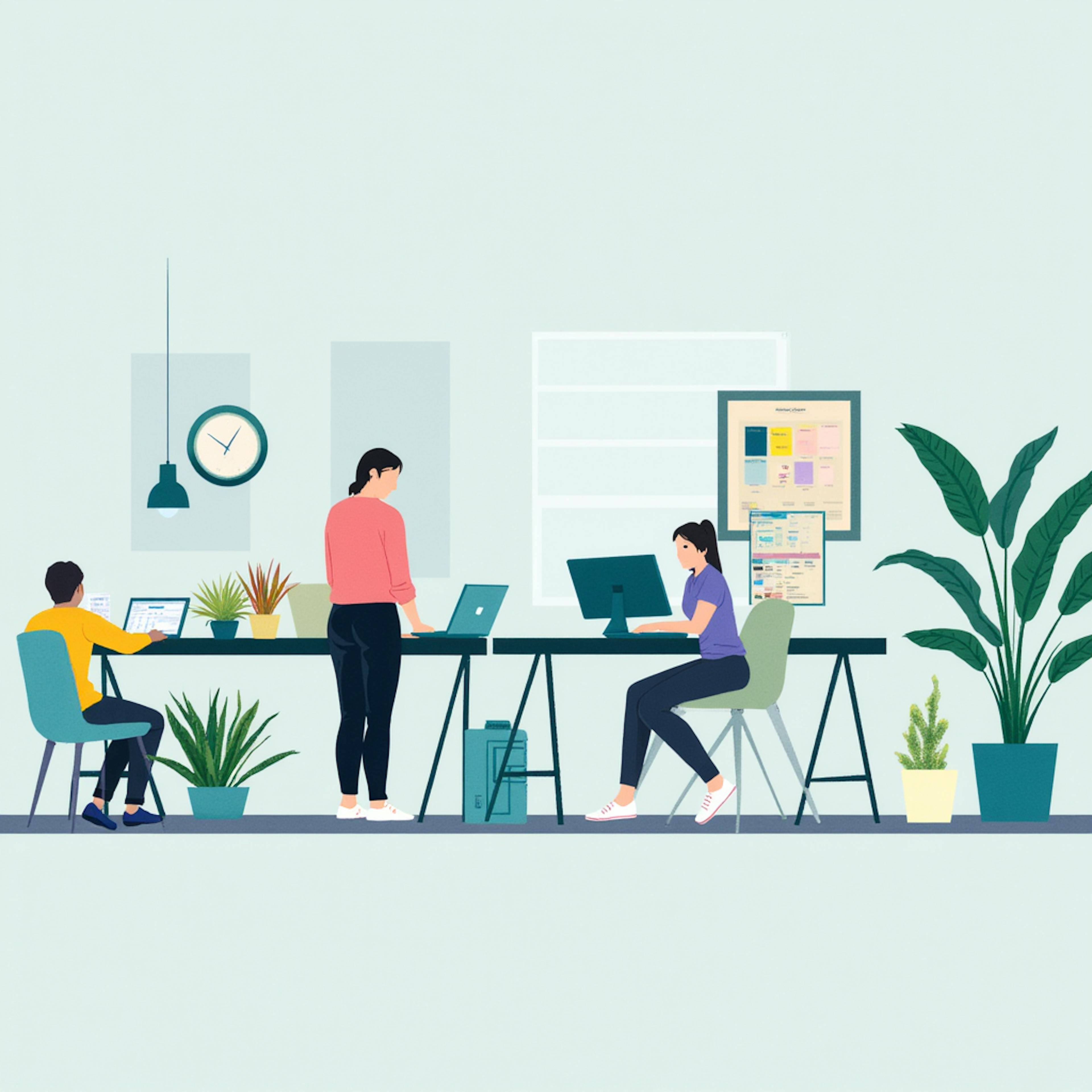 A team of professionals works independently at their desks in a bright office, showcasing a structured environment for delivering corporate design services.