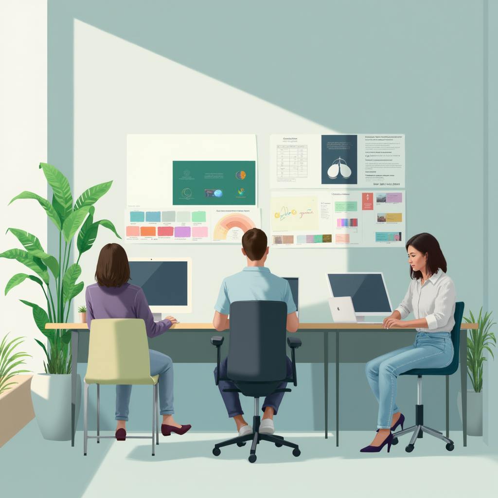 Designers review brand boards and charts on a wall while working on computers in a modern office, illustrating effective corporate design services in action.