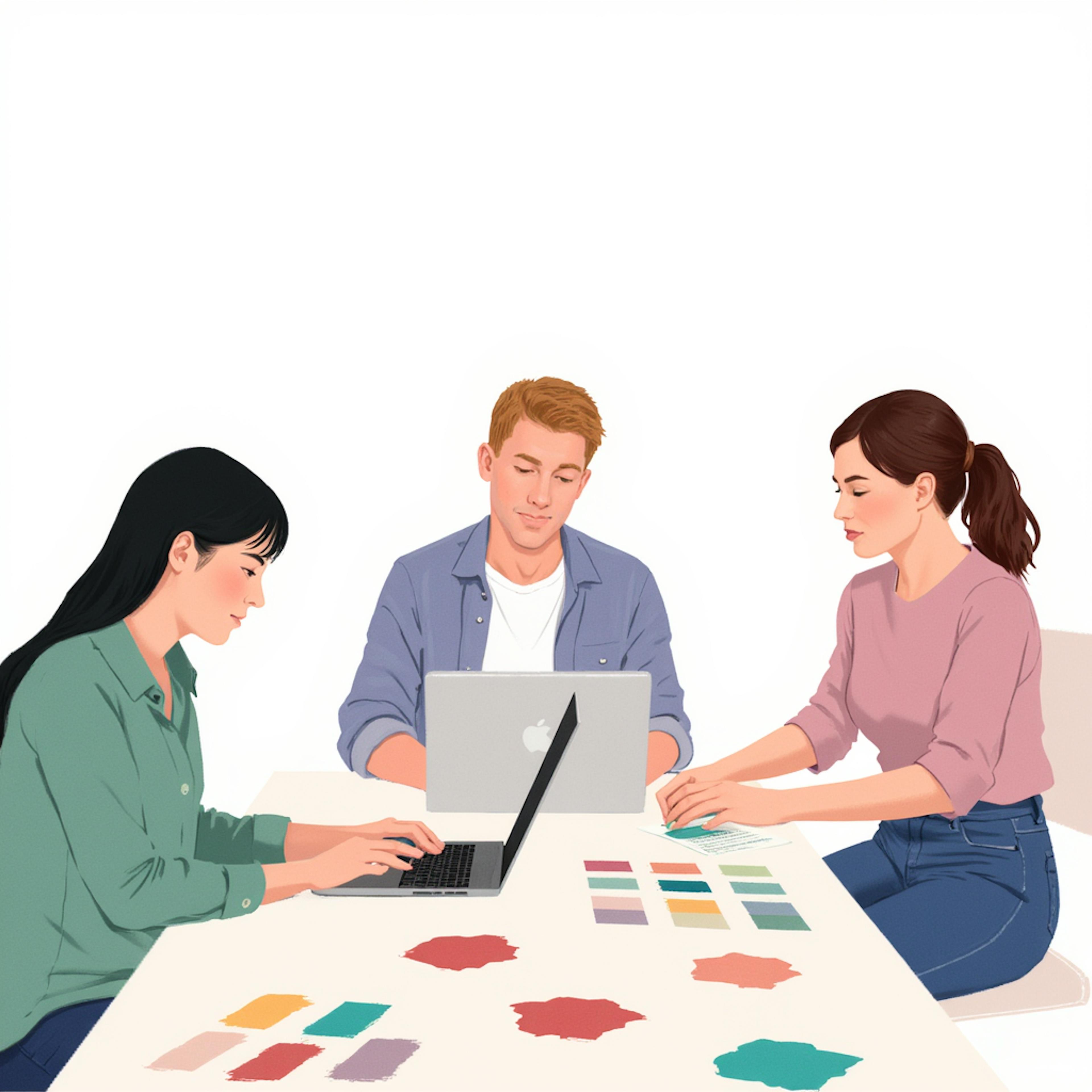 A creative team collaborates at a table with laptops and color swatches, planning visual branding as part of professional corporate design services.