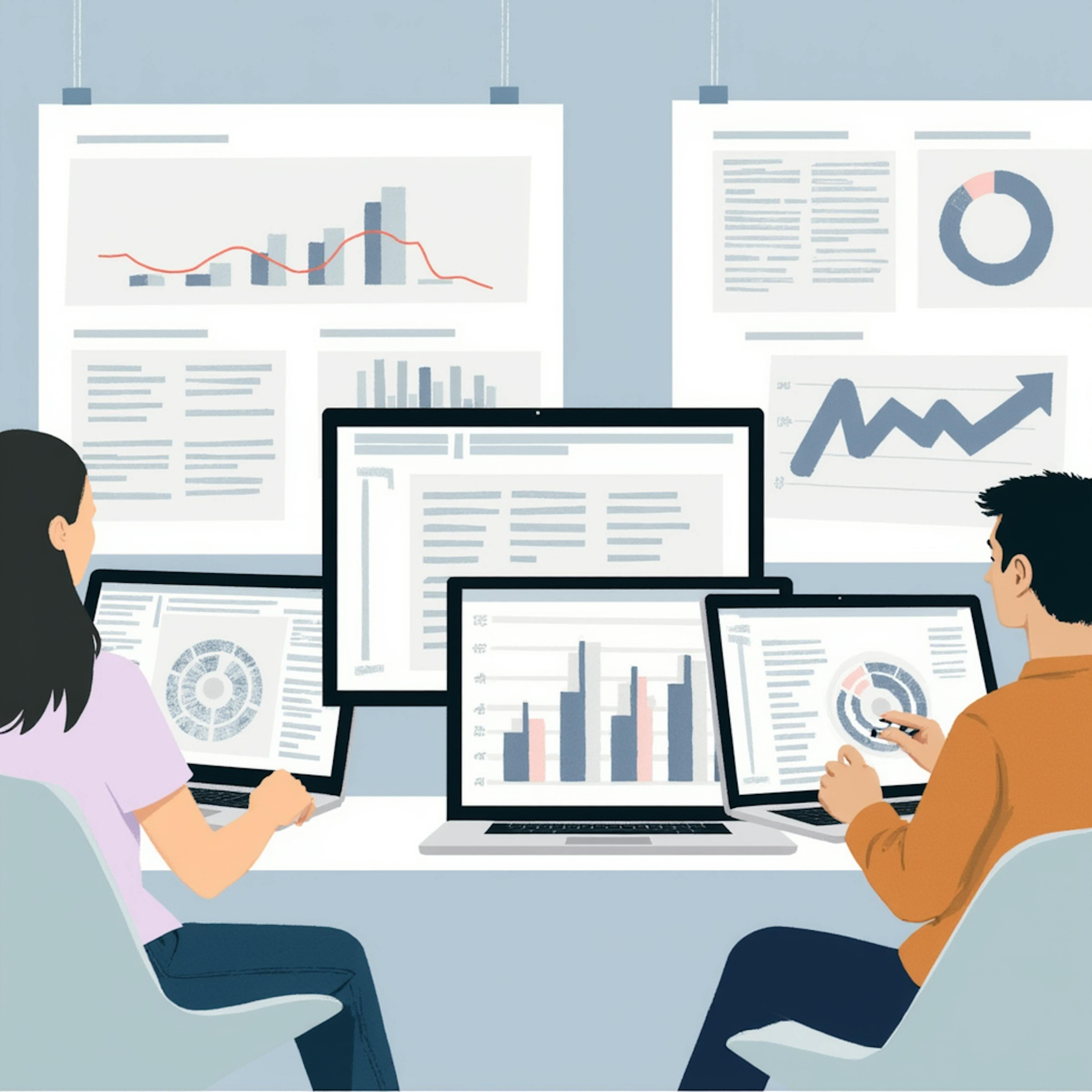 A man and woman reviewing multiple monitors filled with performance metrics, optimizing digital campaigns through advanced content strategy SEO.