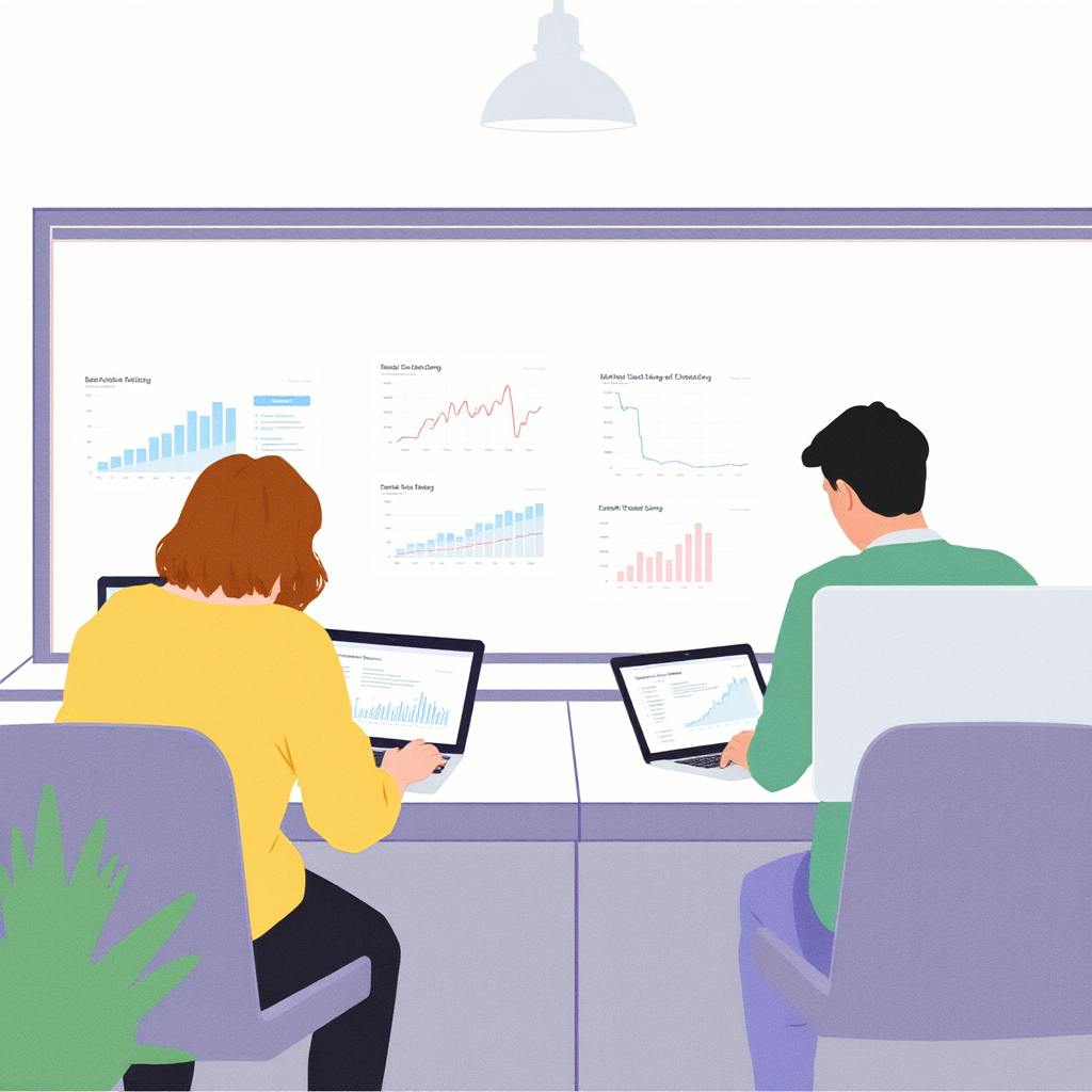 Two professionals analyzing graphs on laptops in a modern office, using data insights to refine their content strategy SEO planning process.