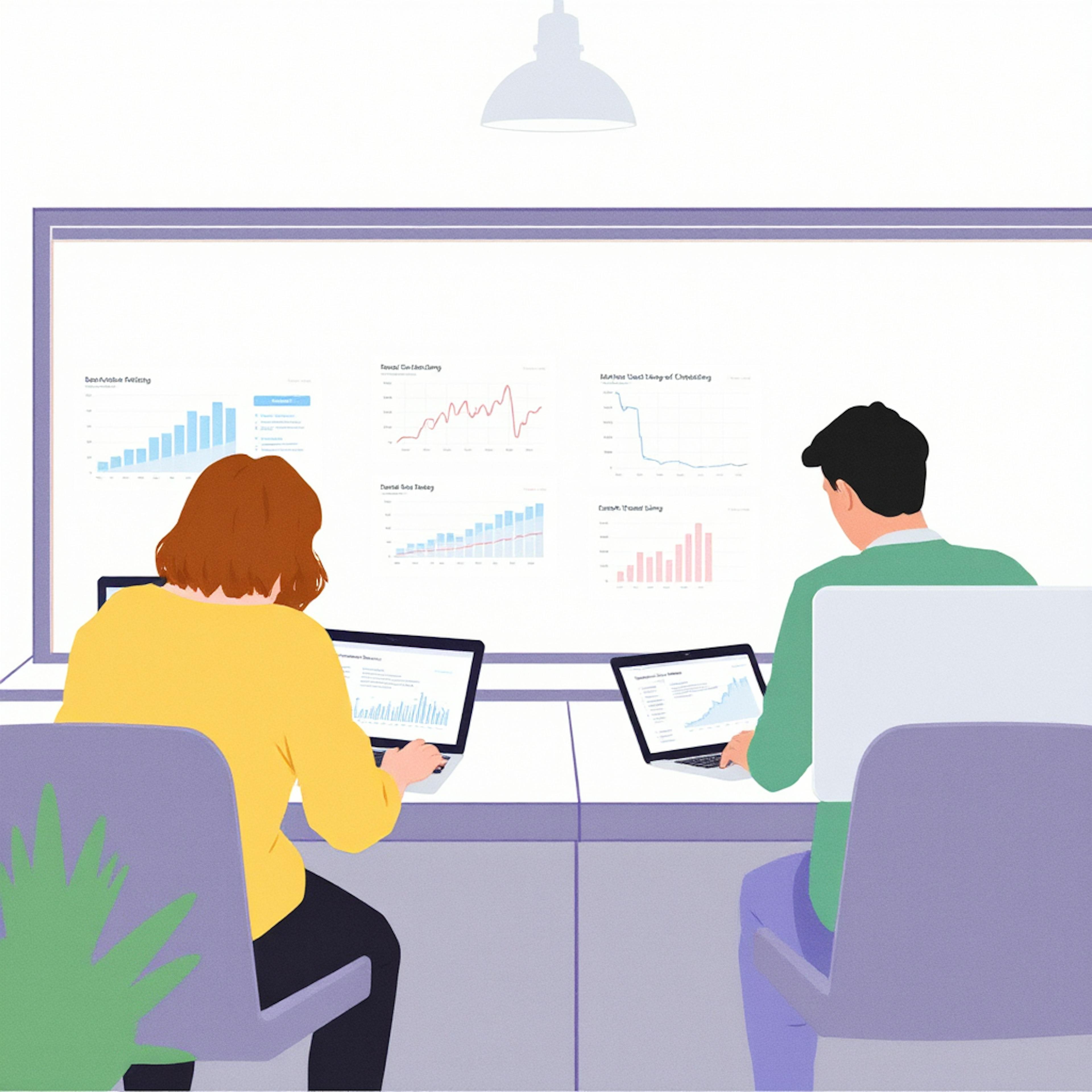 Two professionals analyzing graphs on laptops in a modern office, using data insights to refine their content strategy SEO planning process.
